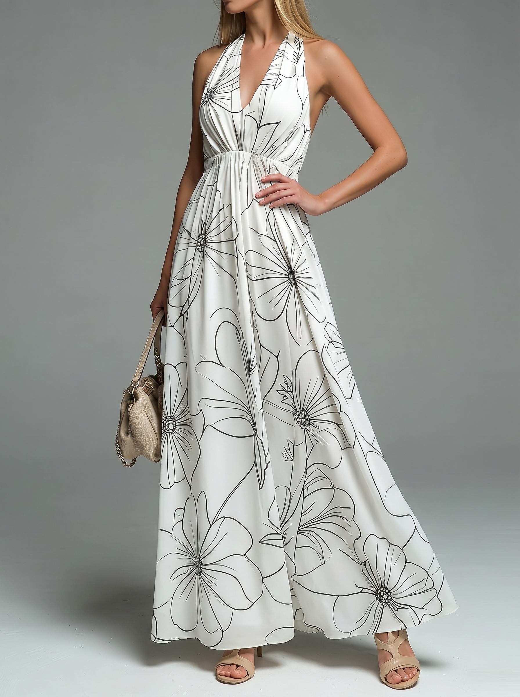 Women's Fashion Flowers Print  V-neck Halter Neck Dress