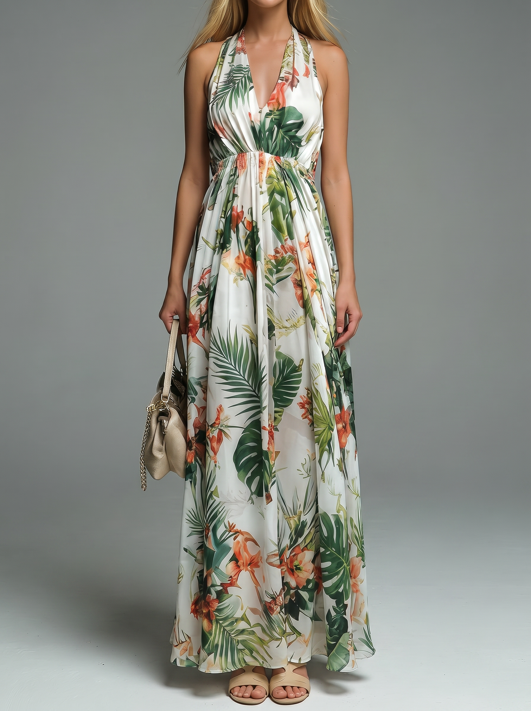 Women's Fashion Vacation Flowers Print  V-neck Halter Neck Dress