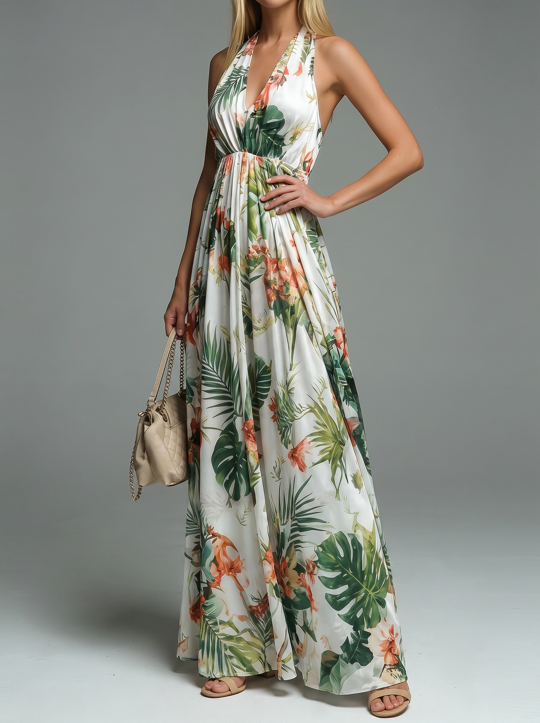 Women's Fashion Vacation Flowers Print  V-neck Halter Neck Dress