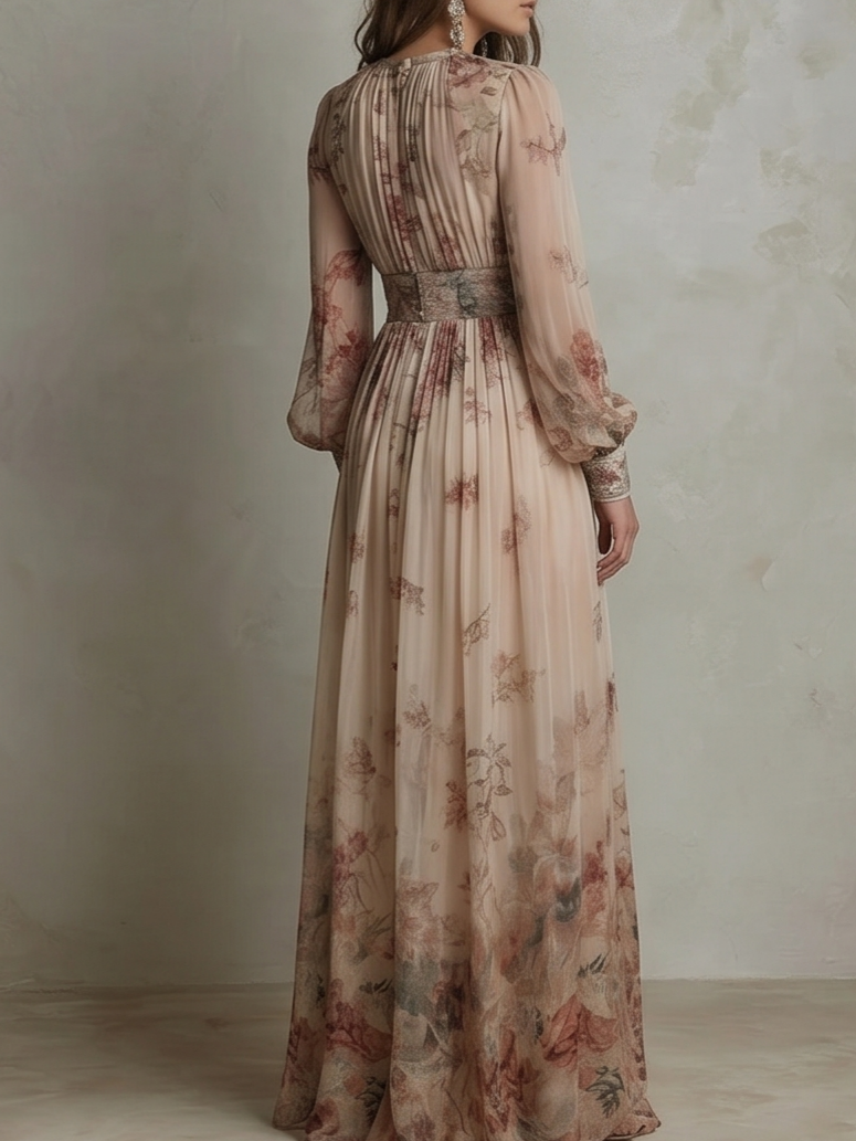 Women's Retro Chiffon Printed Pleated Waist Floral Dress