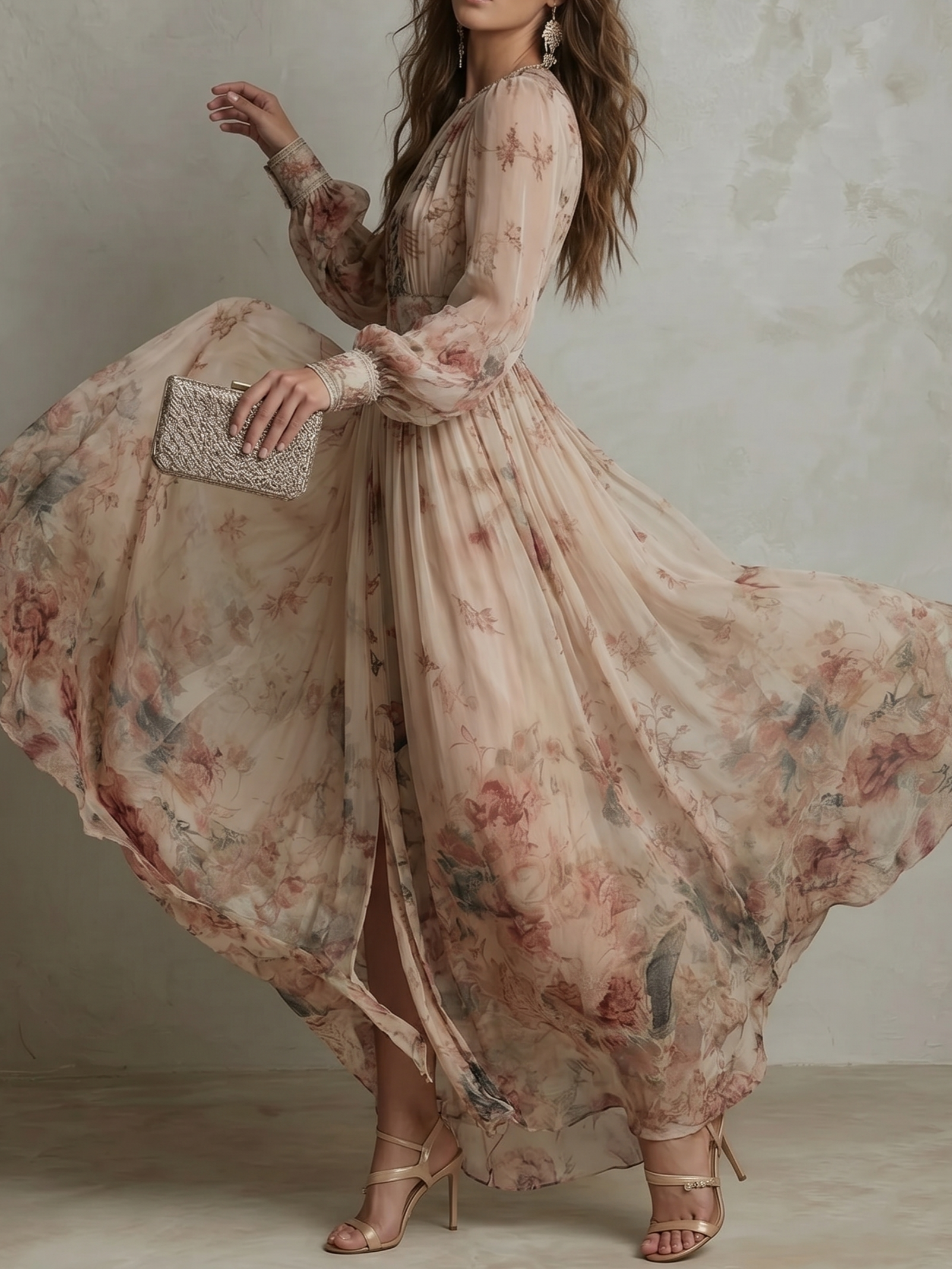 Women's Retro Chiffon Printed Pleated Waist Floral Dress