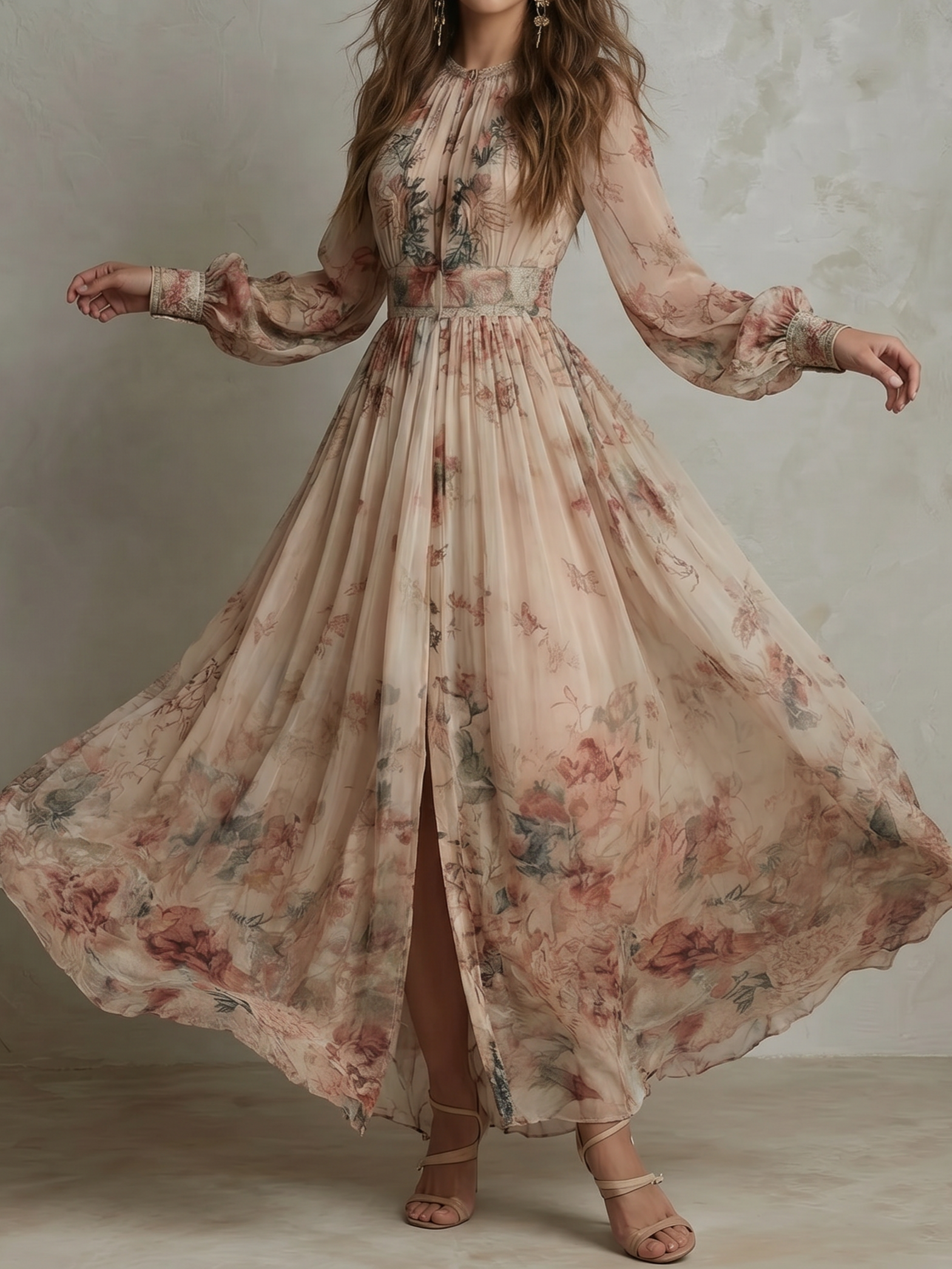 Women's Retro Chiffon Printed Pleated Waist Floral Dress