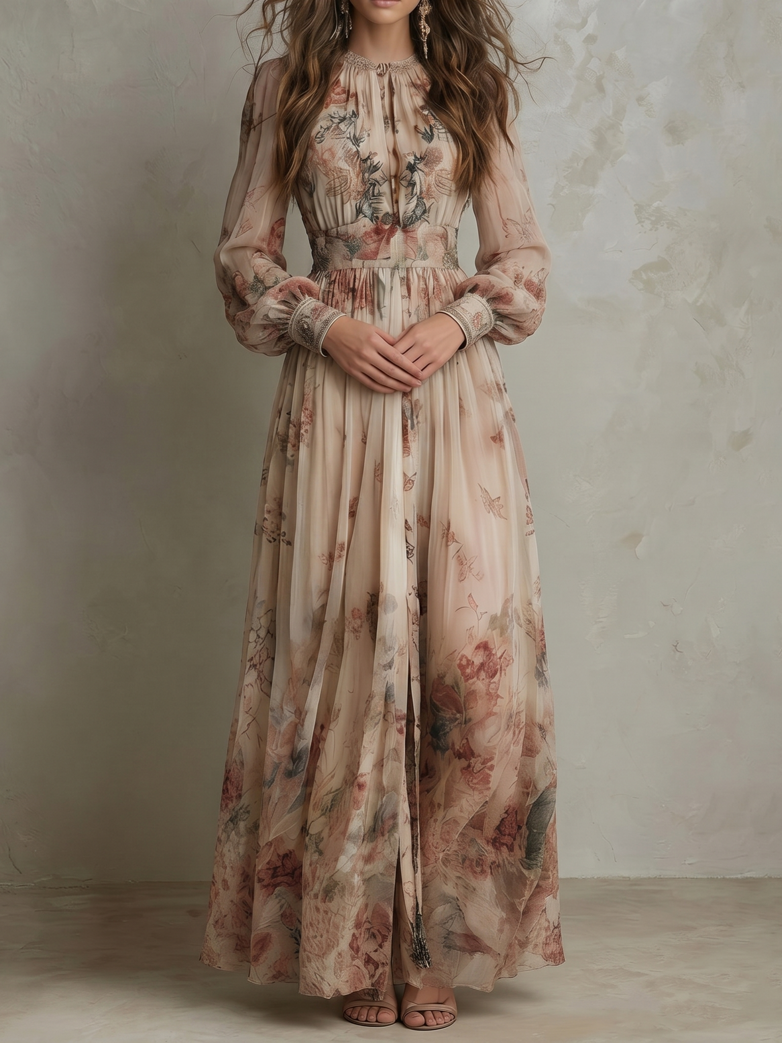 Women's Retro Chiffon Printed Pleated Waist Floral Dress