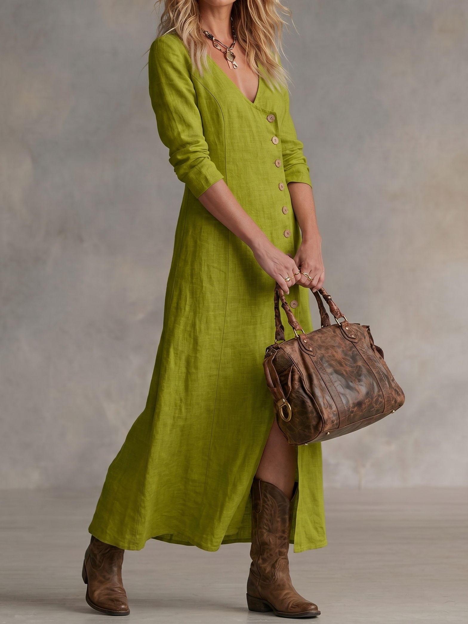 Casual Linen Long-sleeved Button Placket Dress
