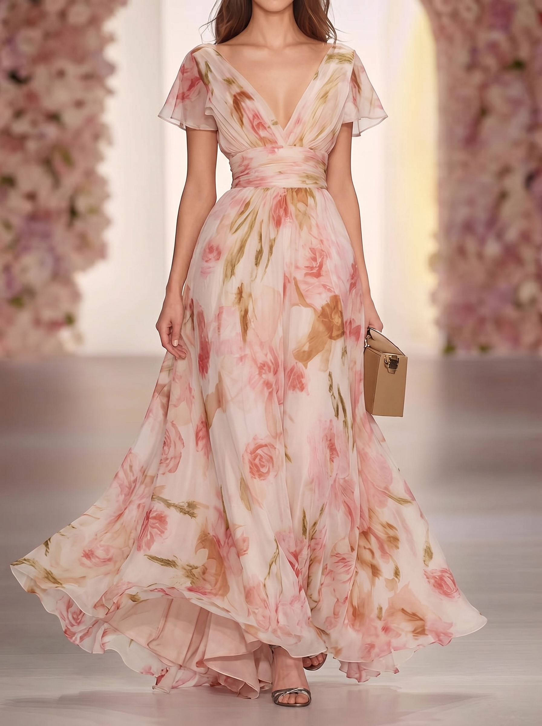 Women's High Waist Printed French Short Sleeve Dress