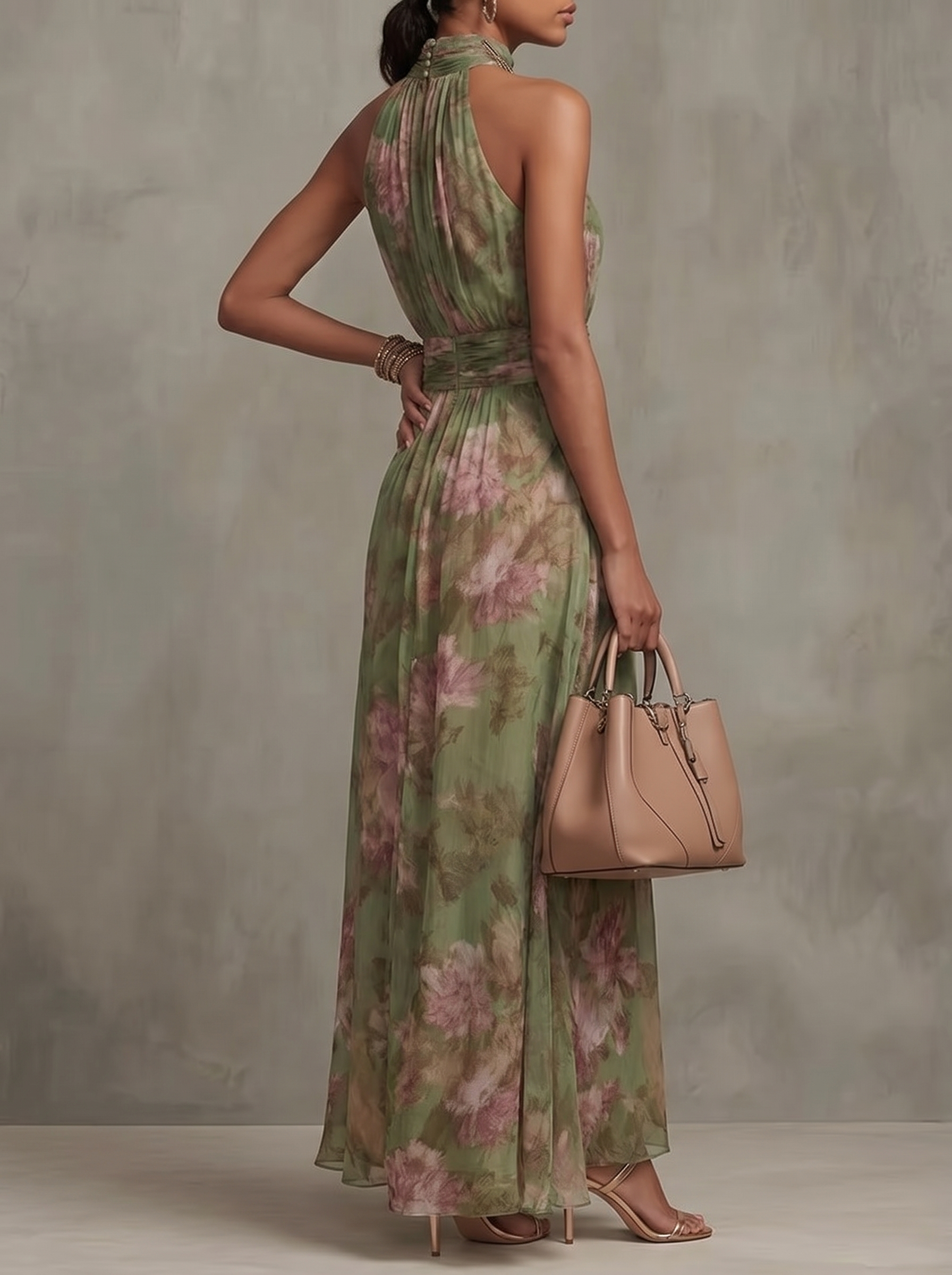 Women's Halter Neck Resort Printed Waist Slimming Dress