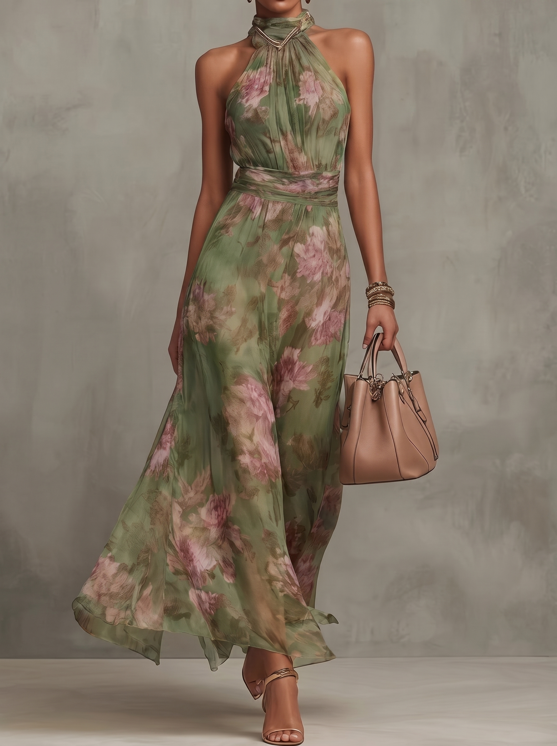 Women's Halter Neck Resort Printed Waist Slimming Dress