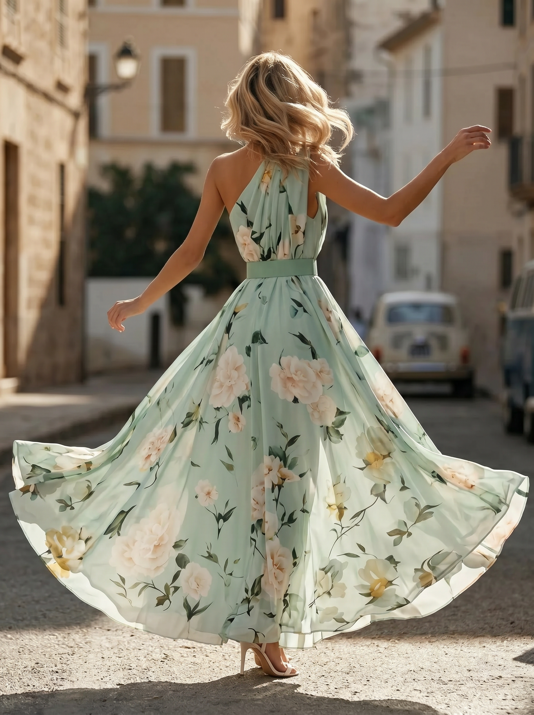 Elegant One Shoulder Slit Floral Chiffon Maxi Dress