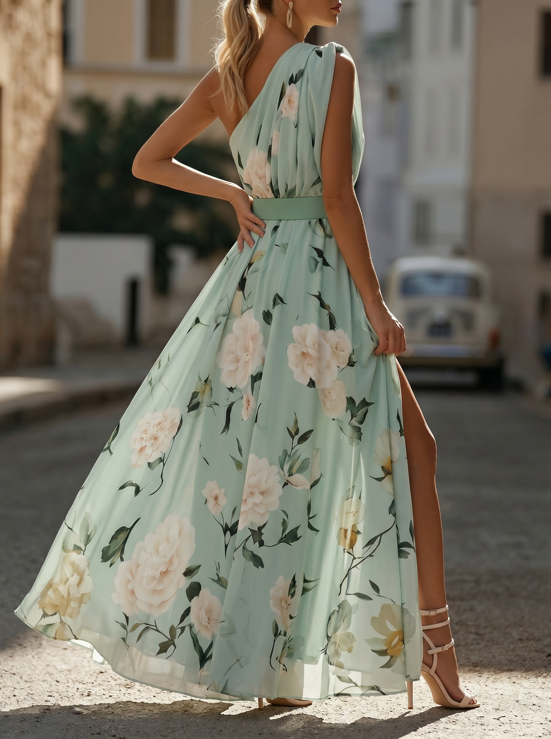 Elegant One Shoulder Slit Floral Chiffon Maxi Dress