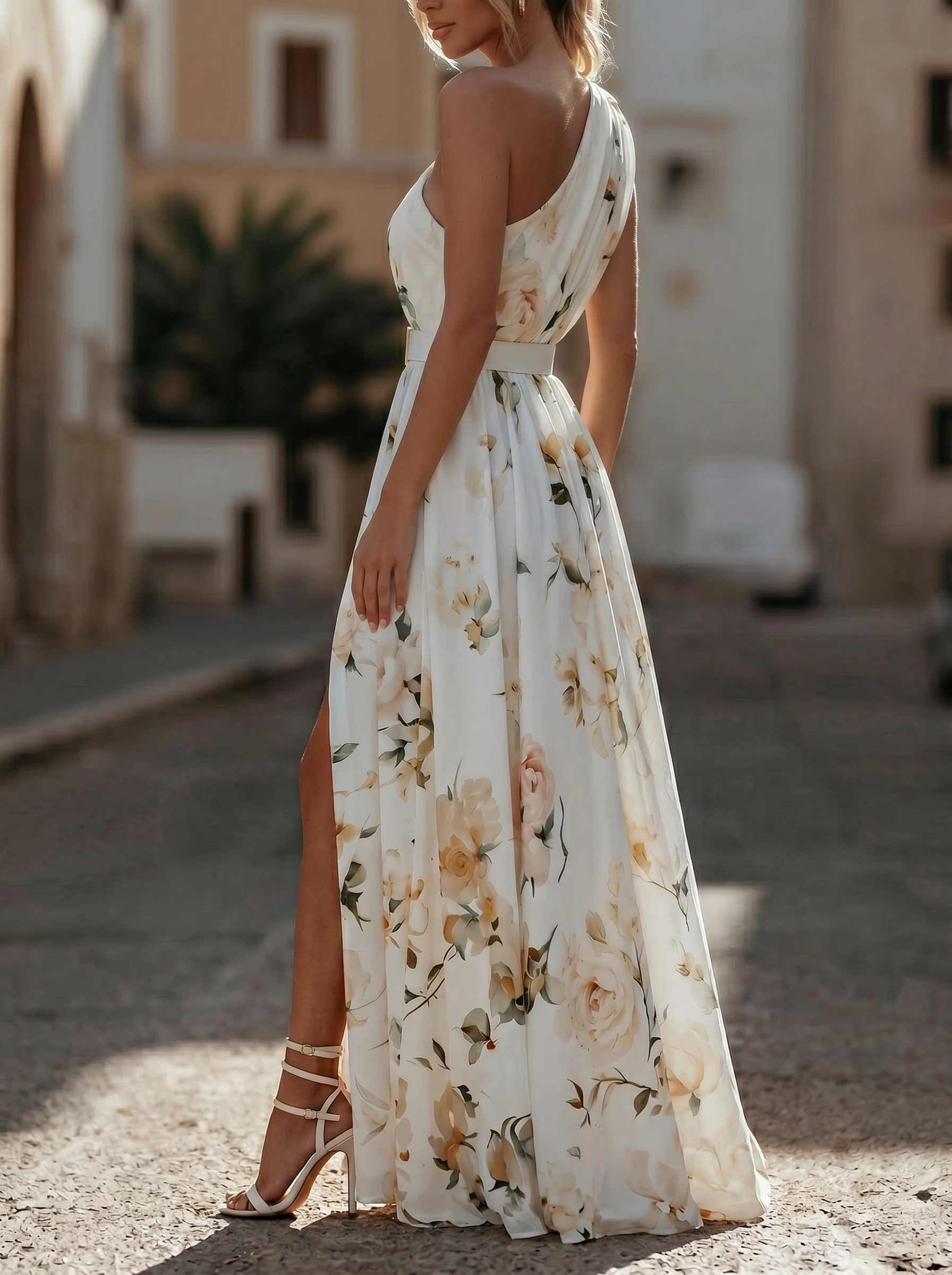 Elegant One Shoulder Slit Floral Chiffon Maxi Dress