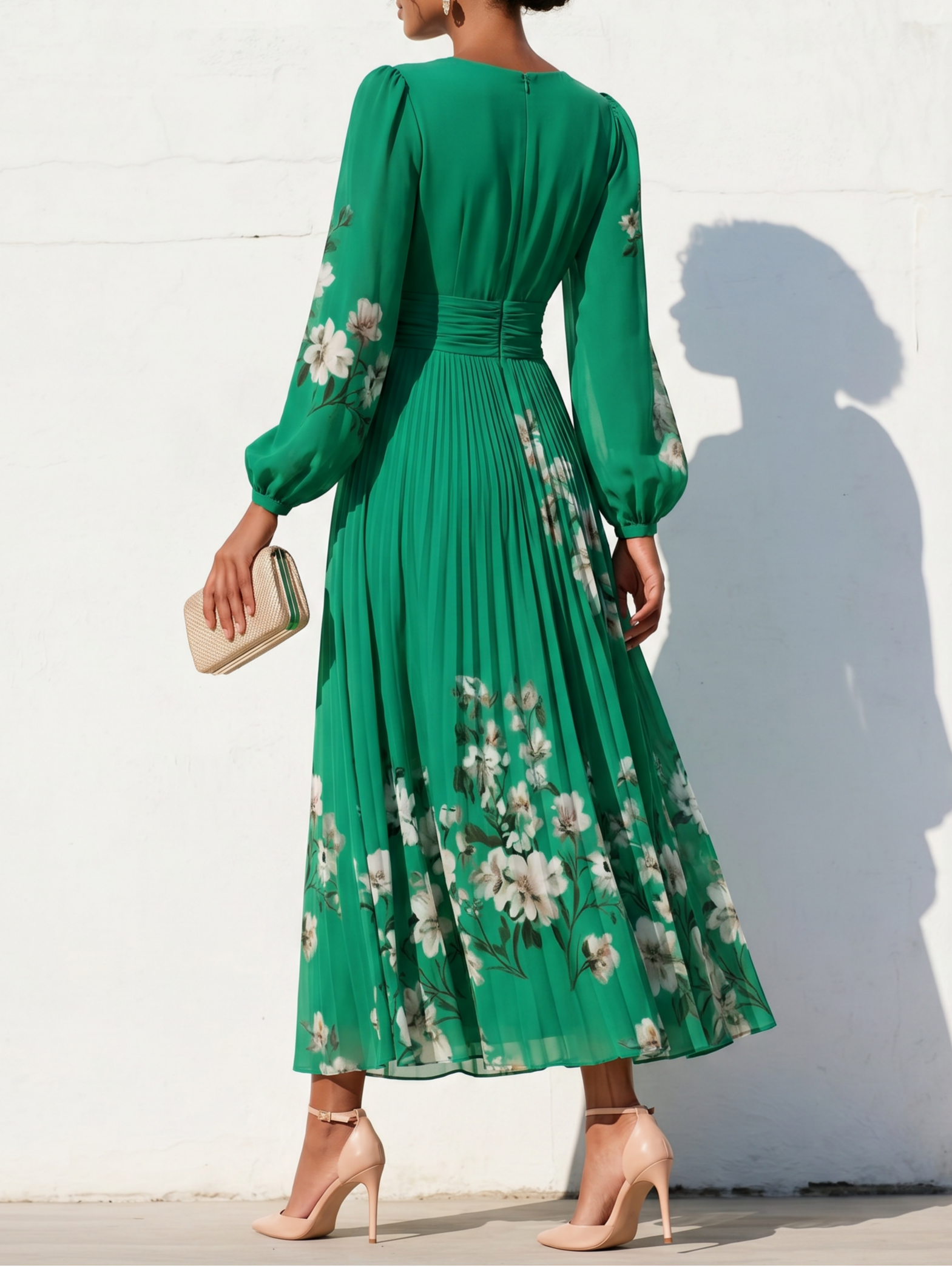 Elegant Floral Print Long-sleeved V-neck Pleated Dress