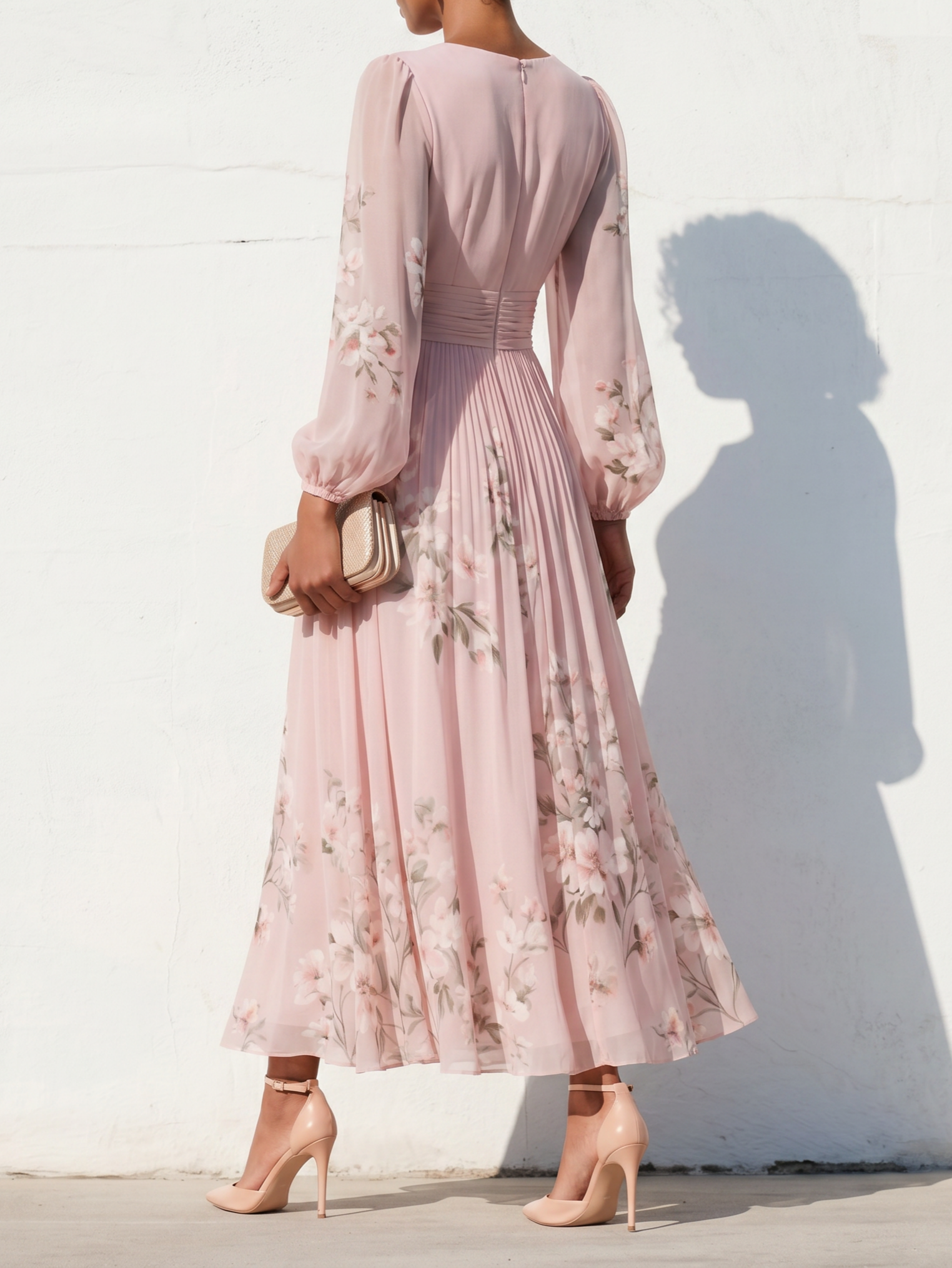 Elegant Floral Print Long-sleeved V-neck Pleated Dress