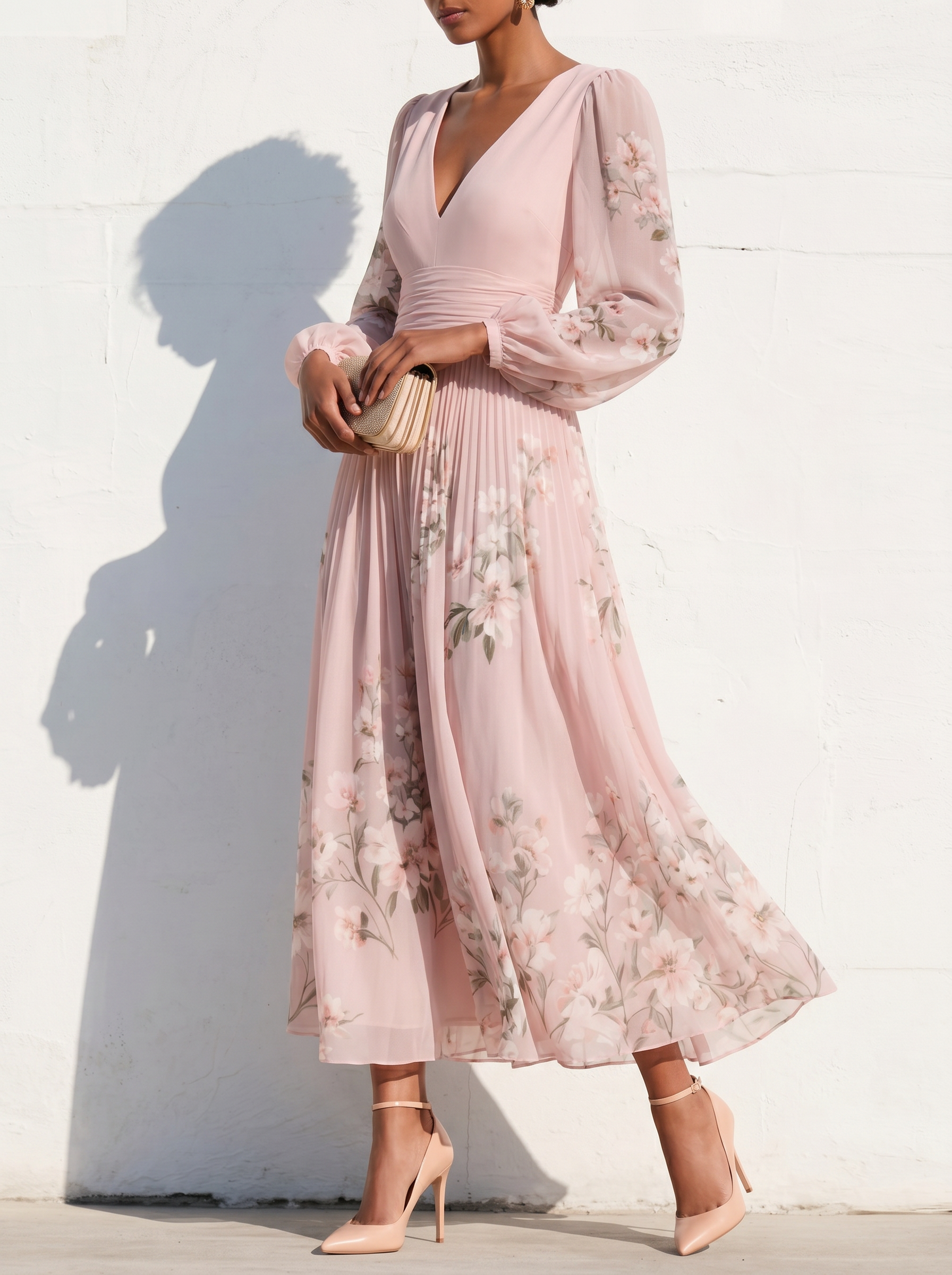 Elegant Floral Print Long-sleeved V-neck Pleated Dress
