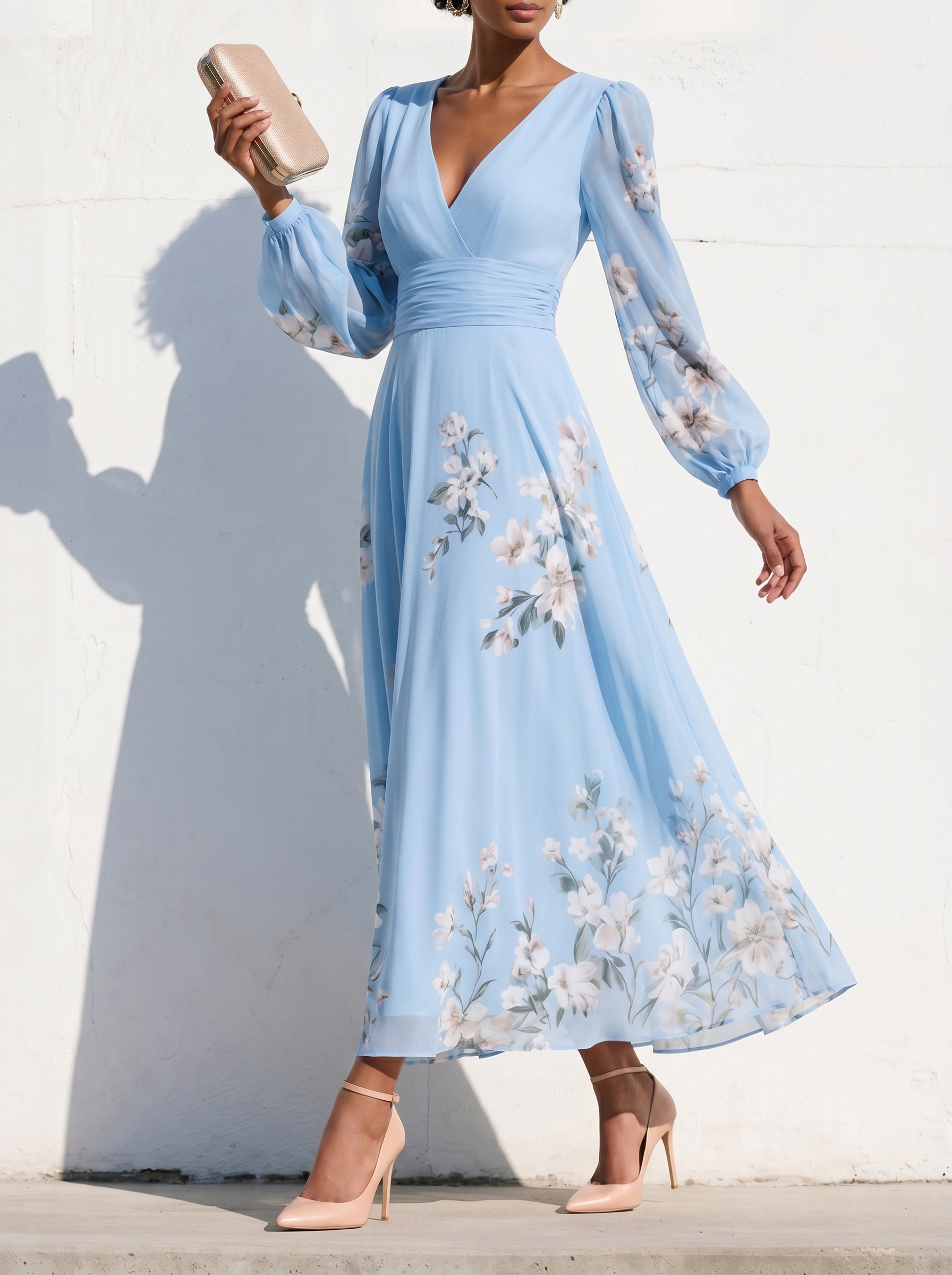 Elegant Floral Print Long-sleeved V-neck Pleated Dress