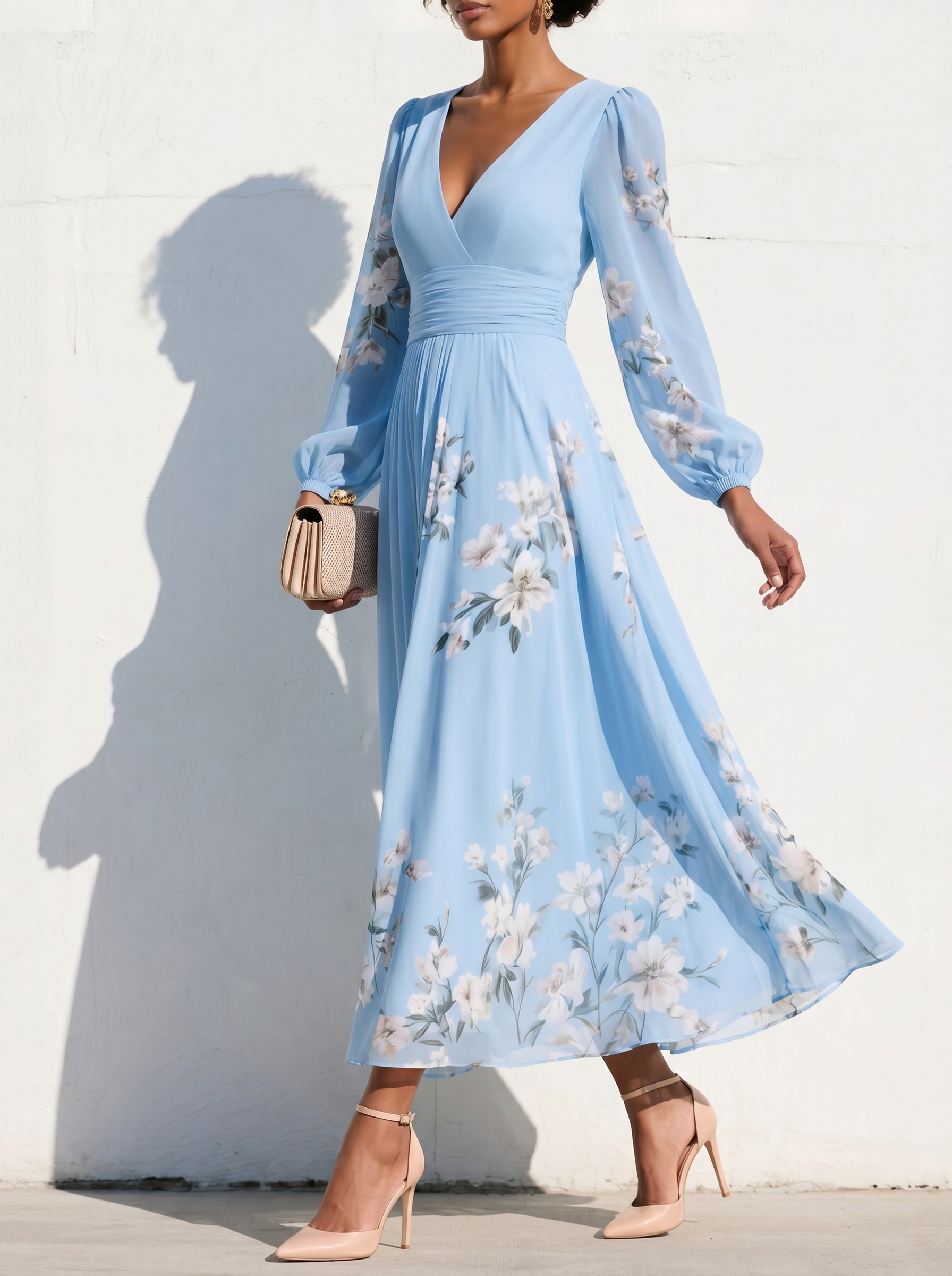 Elegant Floral Print Long-sleeved V-neck Pleated Dress