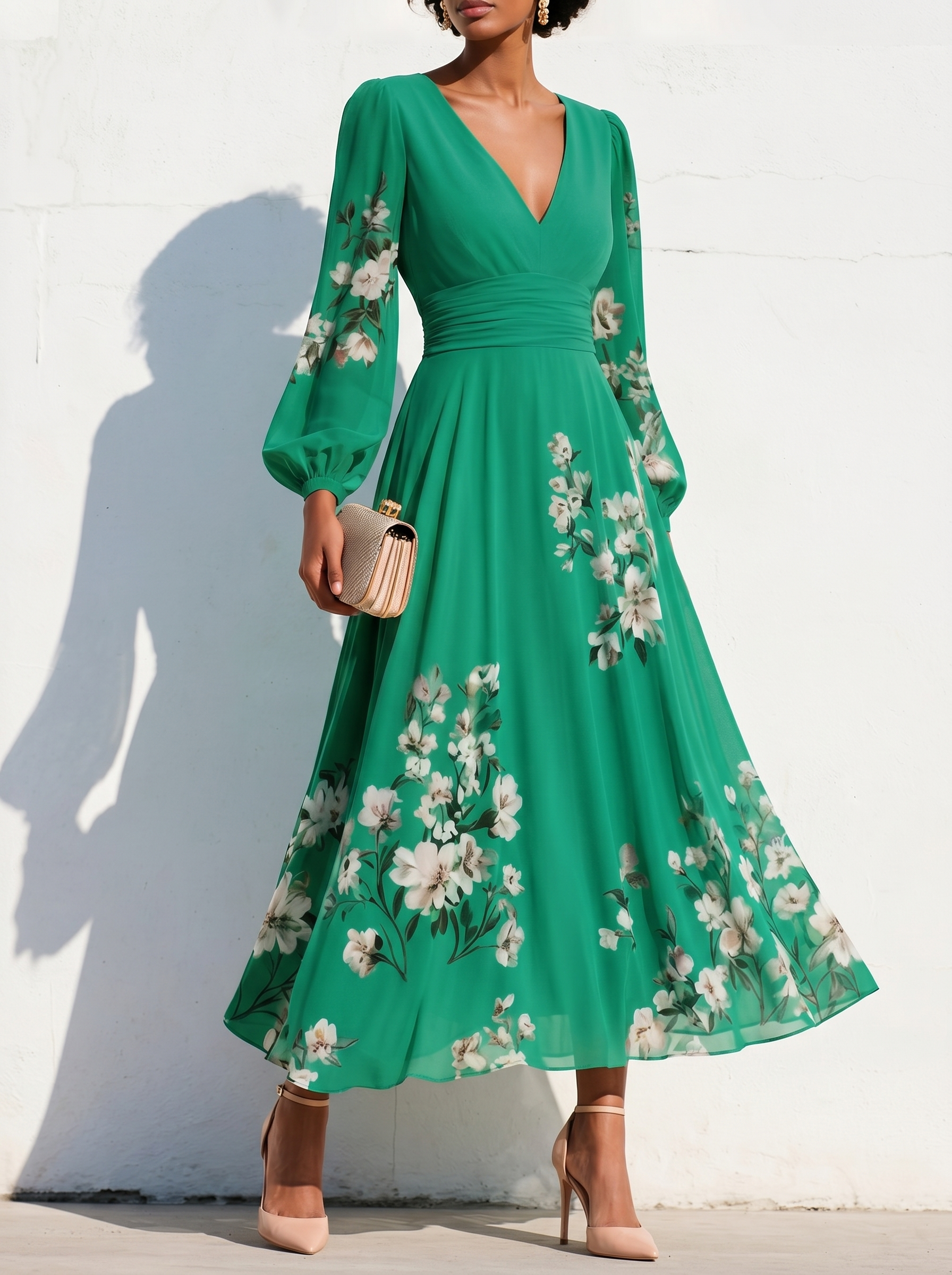 Elegant Floral Print Long-sleeved V-neck Pleated Dress