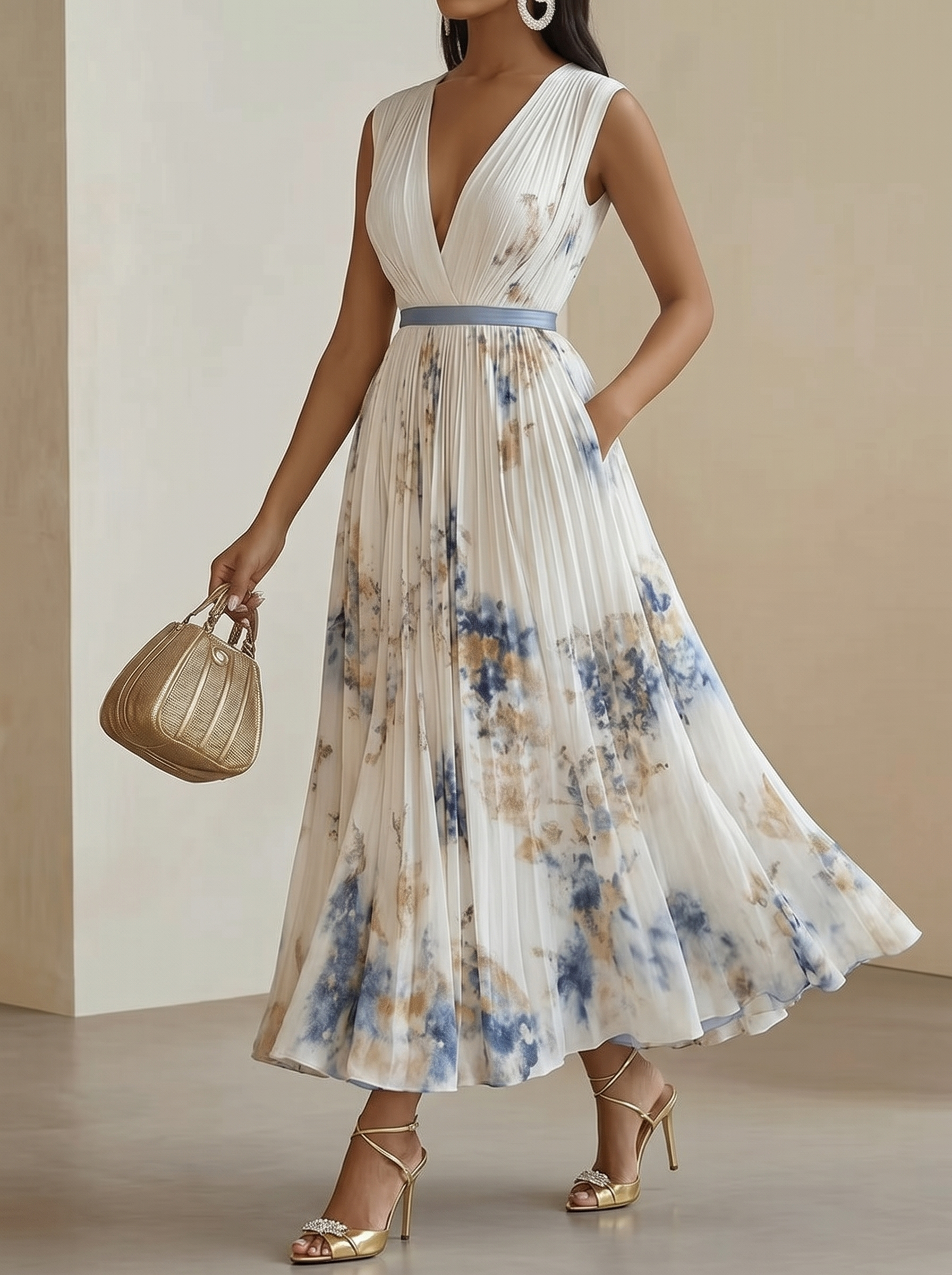 Women's Printed V-neck Sleeveless Fashion Pleated Dress