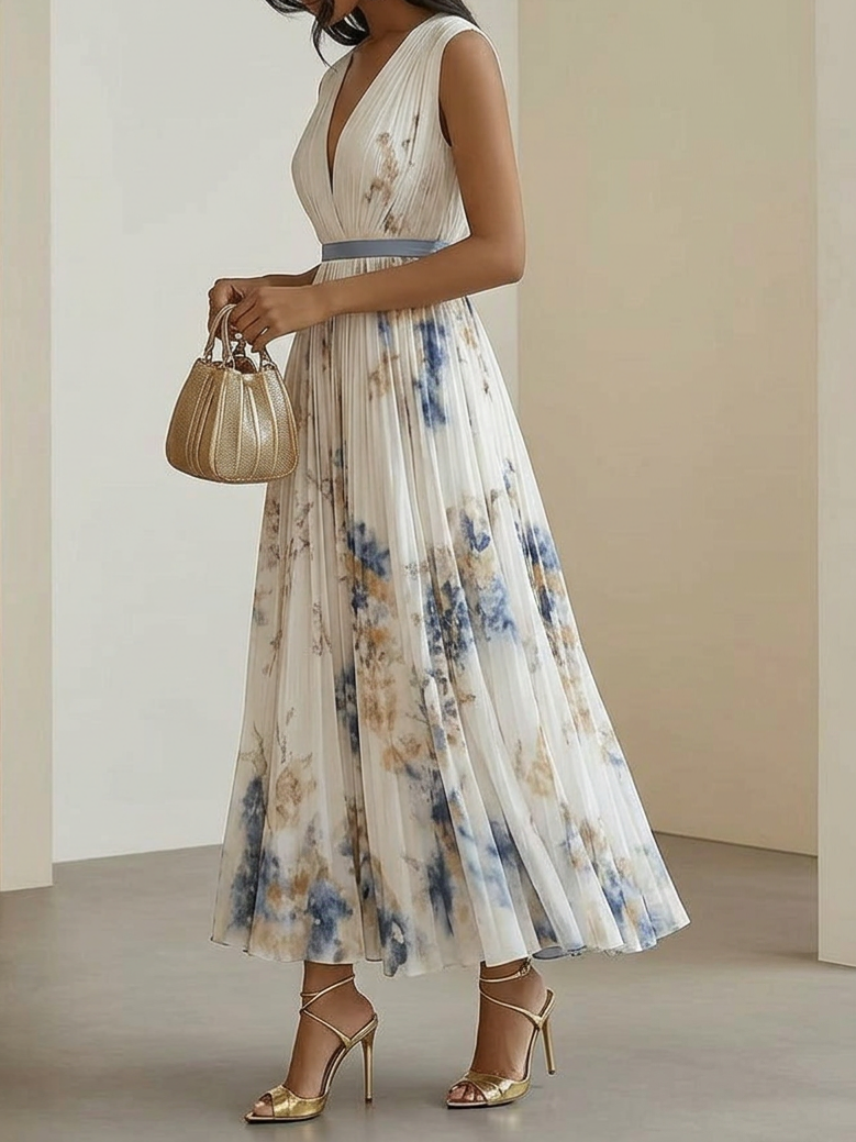 Women's Printed V-neck Sleeveless Fashion Pleated Dress