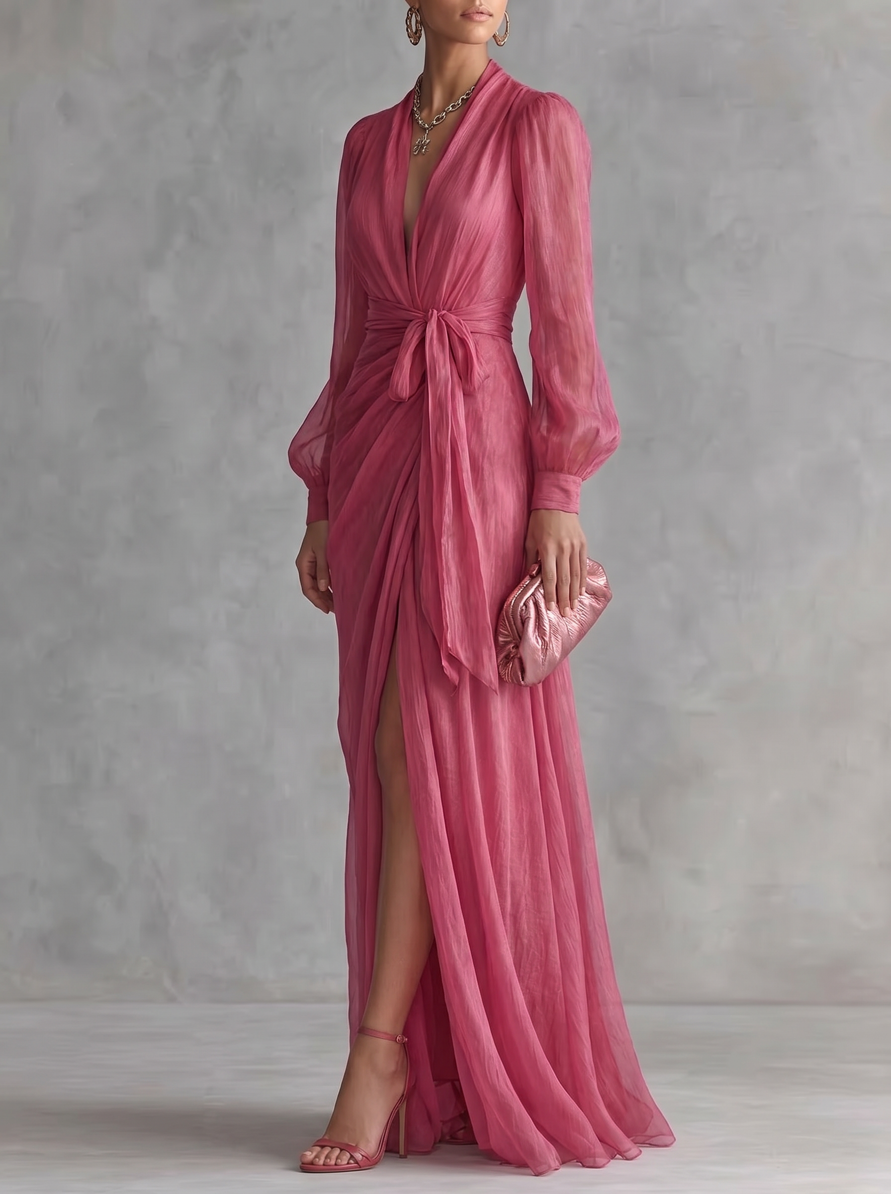 Women's V-neck Slit Long-sleeved Flowing Solid Color Mesh Dress