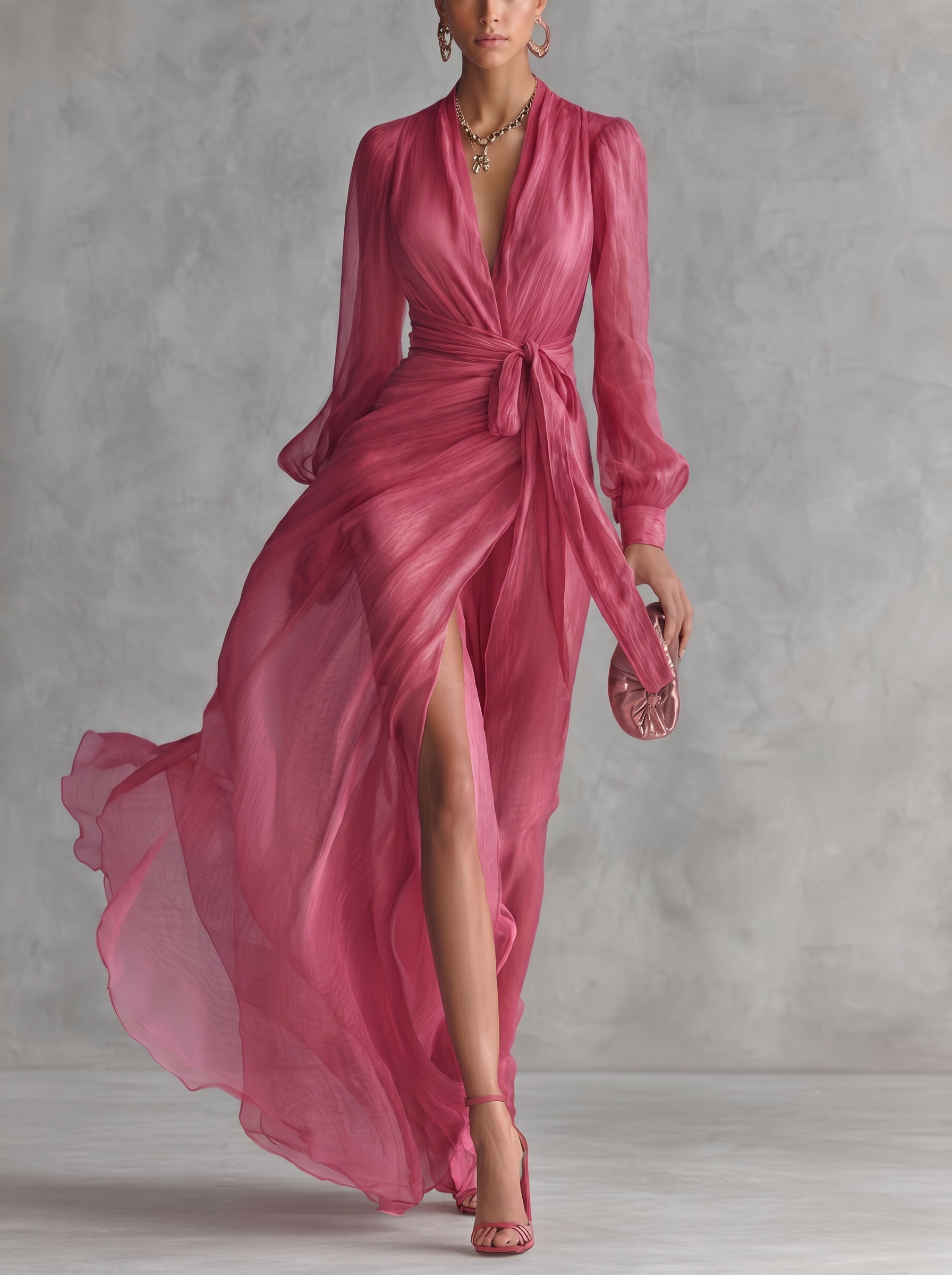 Women's V-neck Slit Long-sleeved Flowing Solid Color Mesh Dress