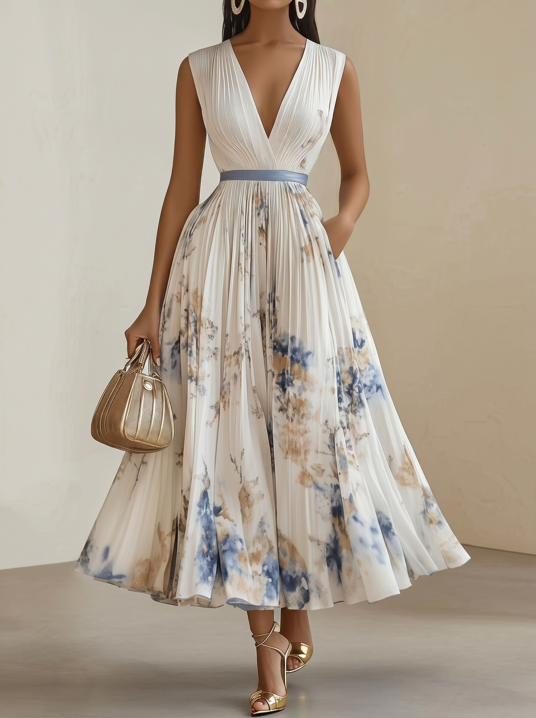 Women's Printed V-neck Sleeveless Fashion Pleated Dress