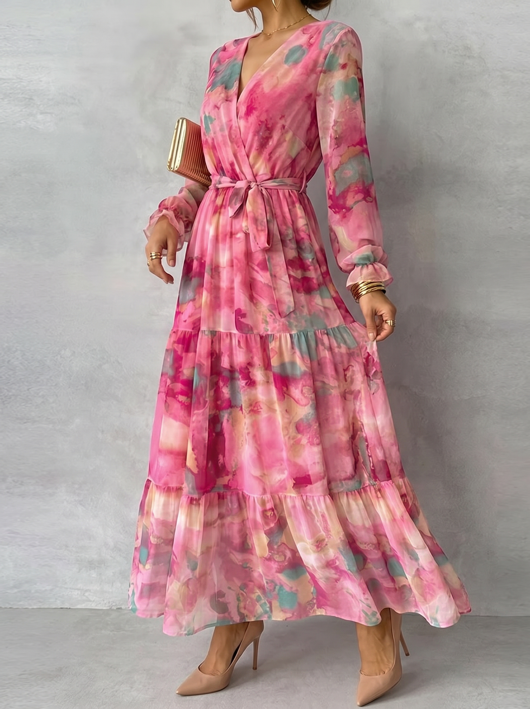 Women's Elegant Floral Print Lace-up Paneled Full-length Dress