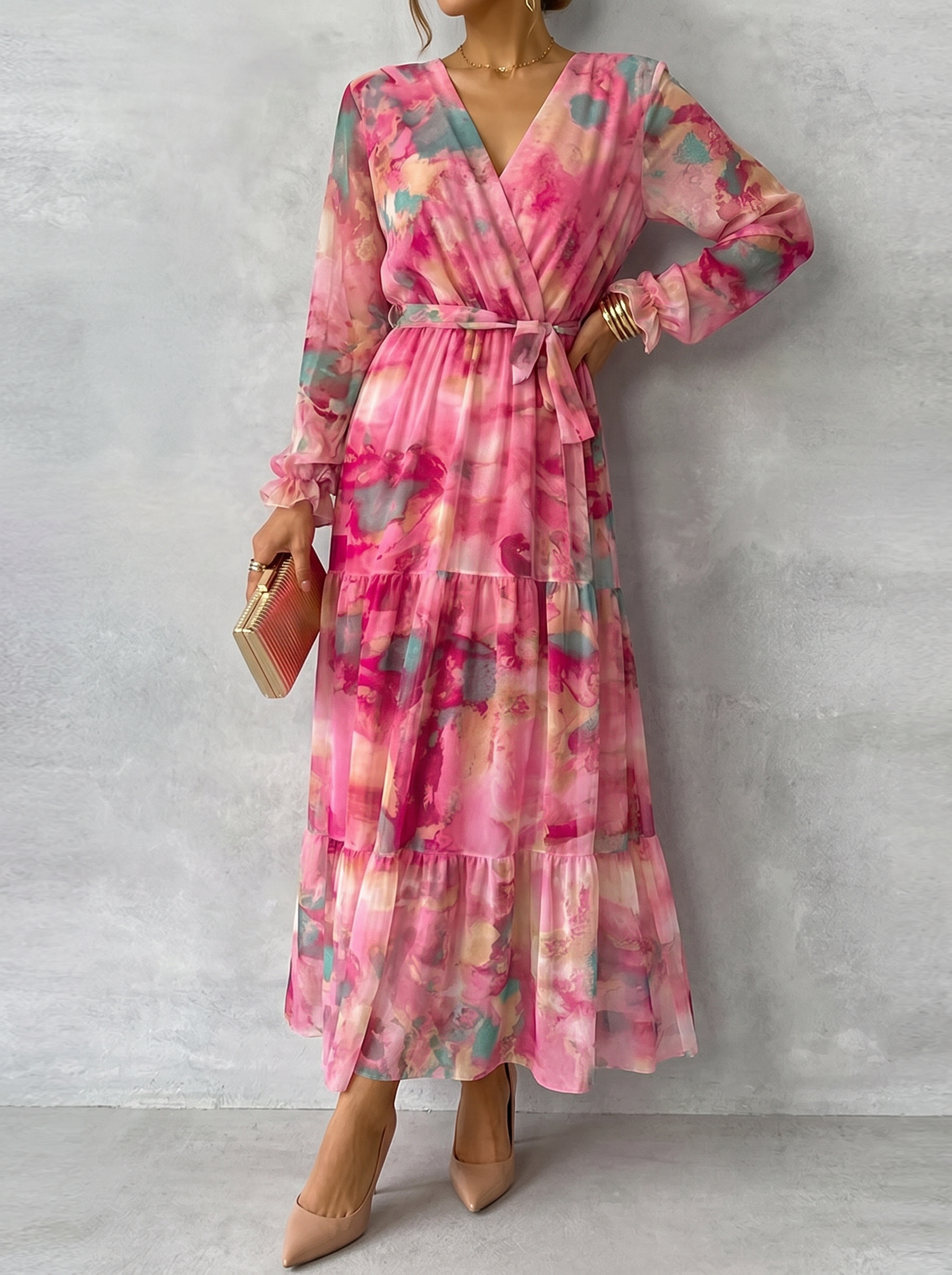 Women's Elegant Floral Print Lace-up Paneled Full-length Dress
