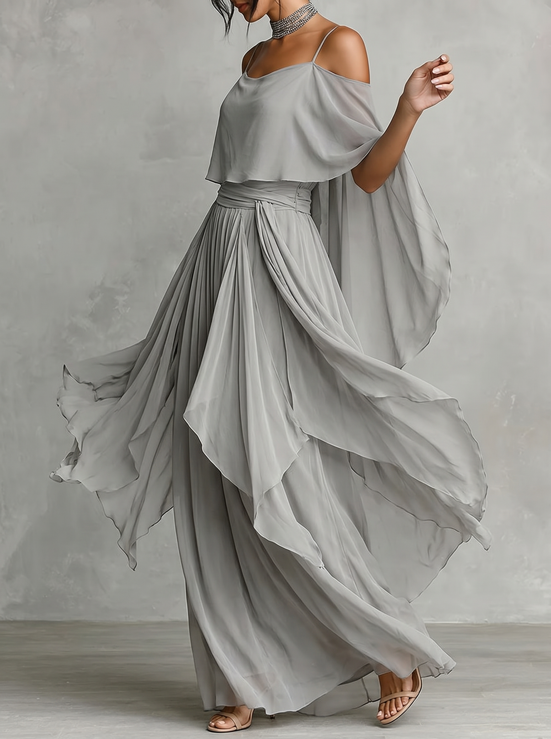 Chiffon Suspender Strapless Flowy Top And Asymmetrical Trousers Two-piece Set