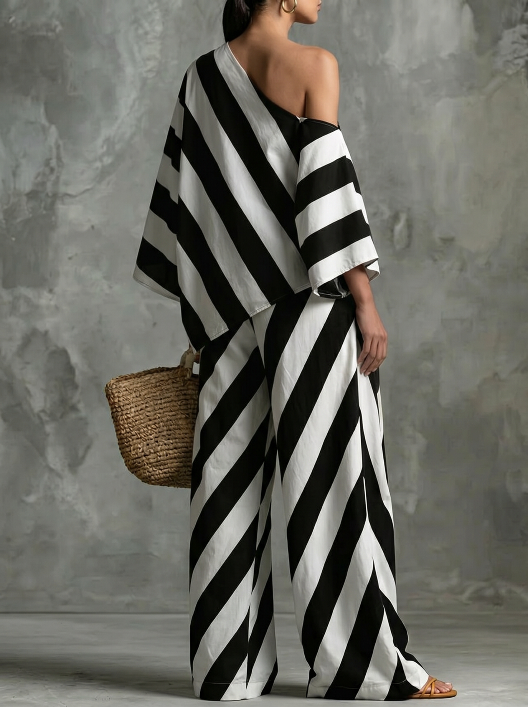 Stylish Retro Striped Printed Top And Wide-leg Pants Set