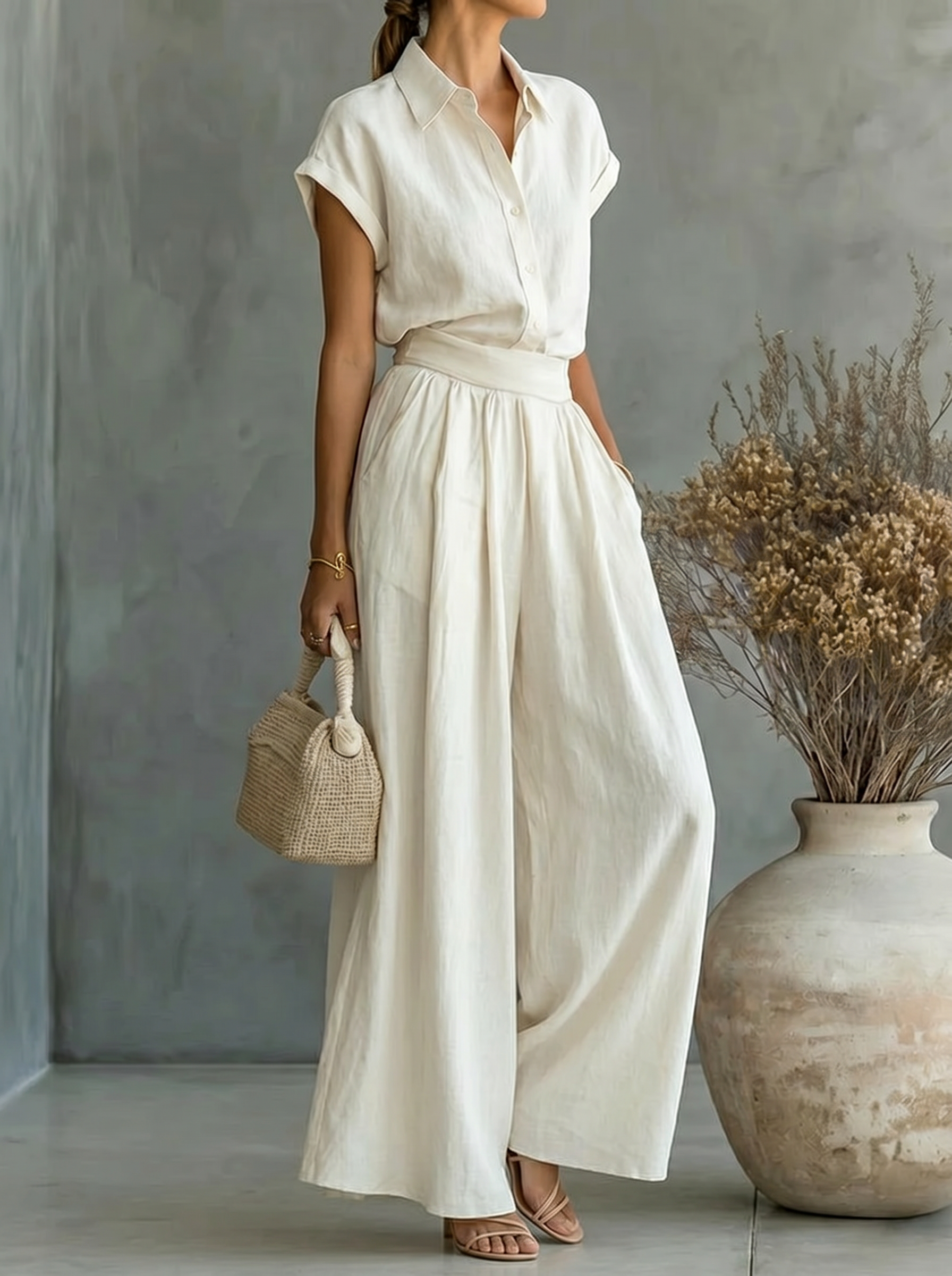 Fashion Casual Solid Color Shirt Wide-leg Pants Two-piece Set