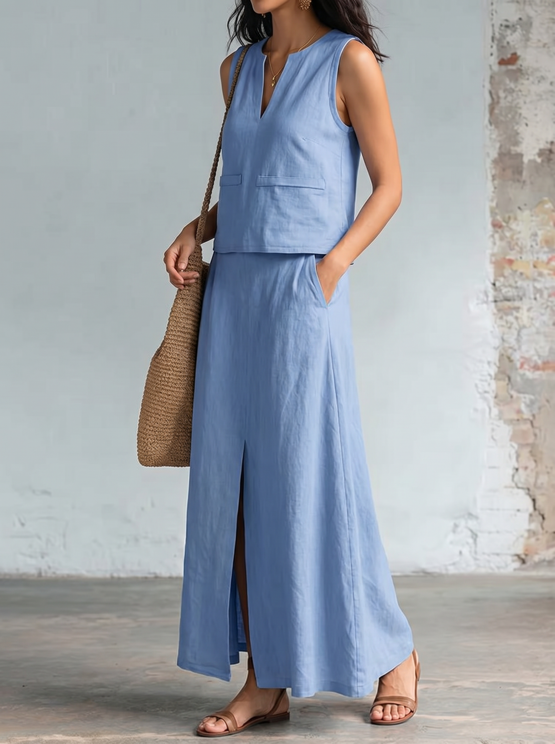 Casual Cotton And Linen V-neck Tank Top And Diagonal Pocket Skirt Two-piece Set