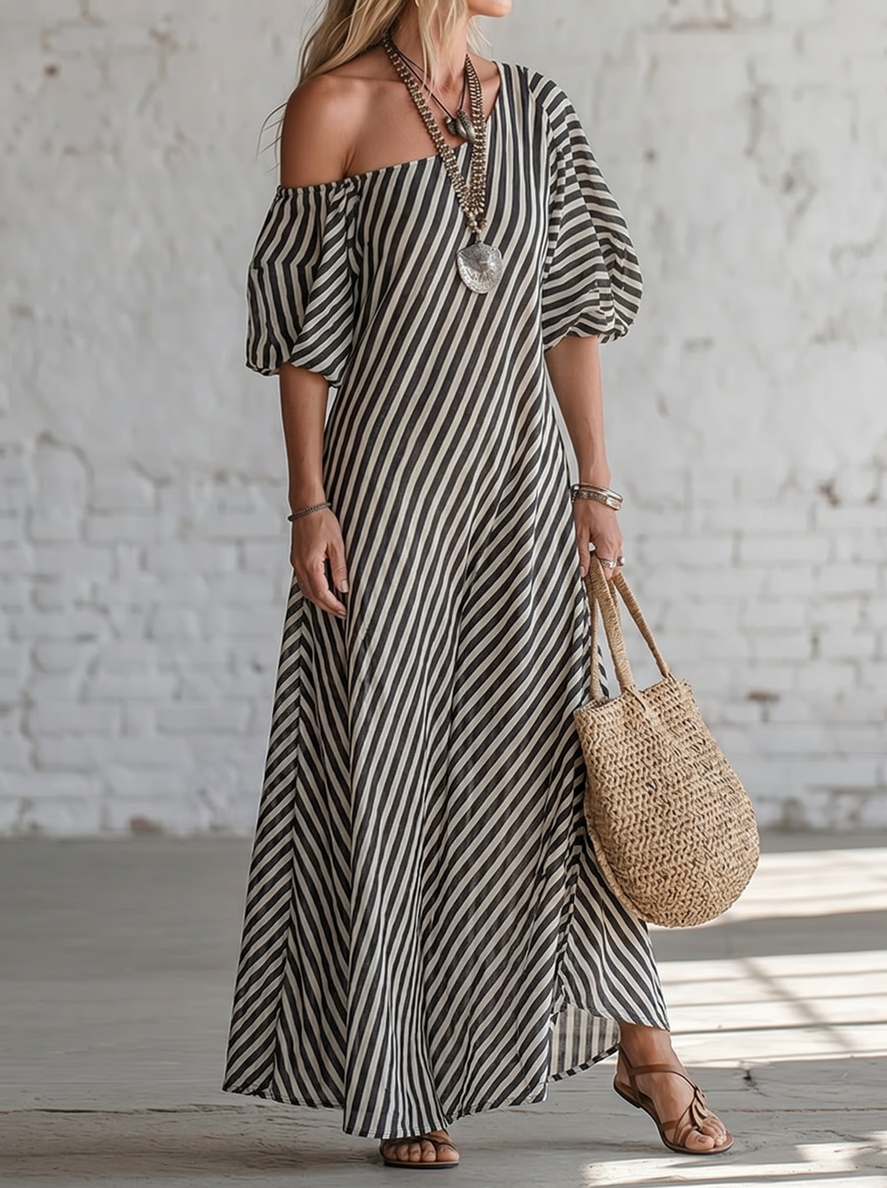 Women's Elegant Striped Off-shoulder Cotton Dress