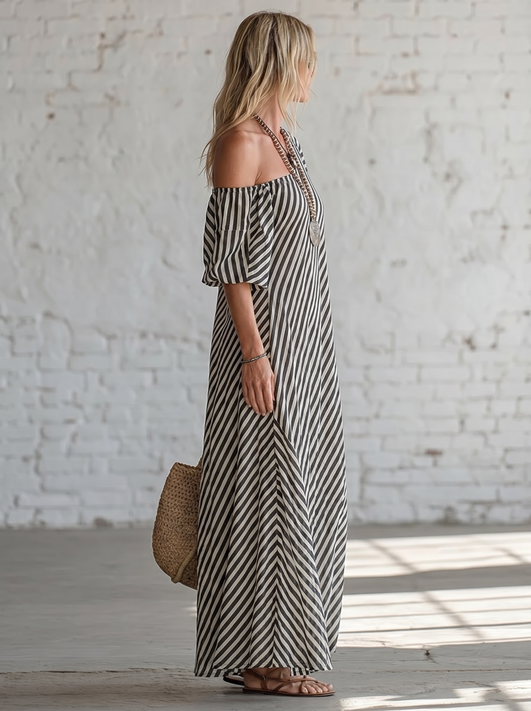 Women's Elegant Striped Off-shoulder Cotton Dress