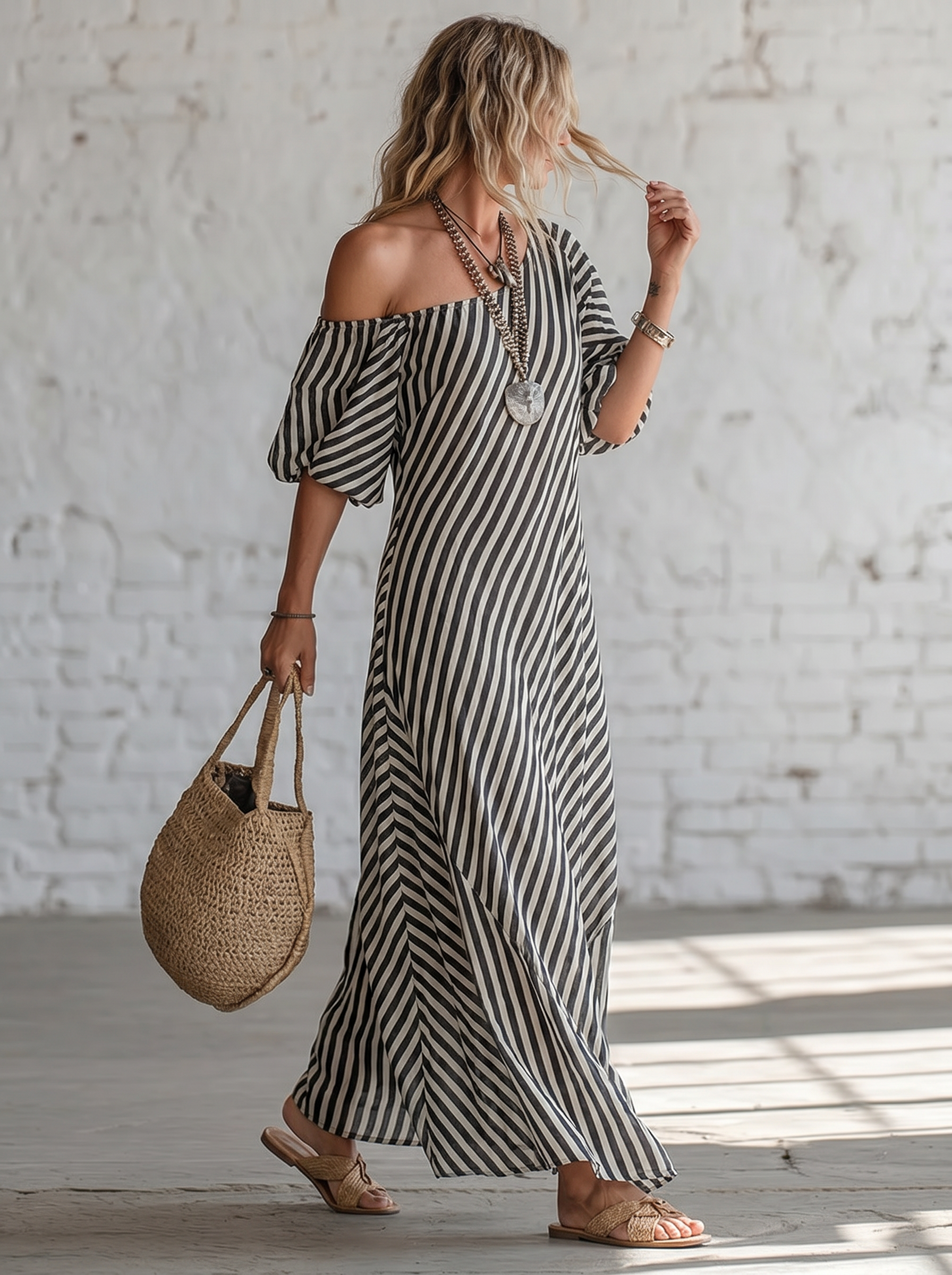 Women's Elegant Striped Off-shoulder Cotton Dress