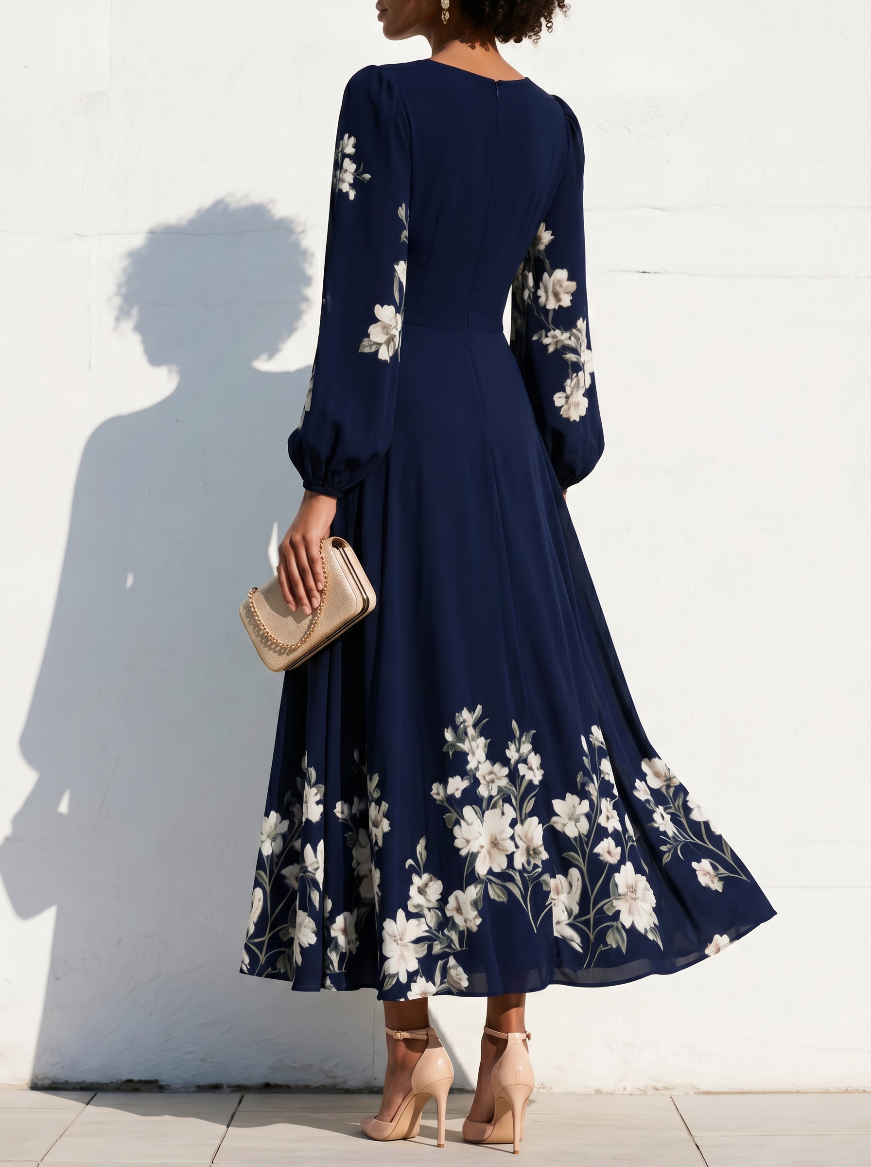 Elegant Floral Print Long-sleeved V-neck Pleated Dress