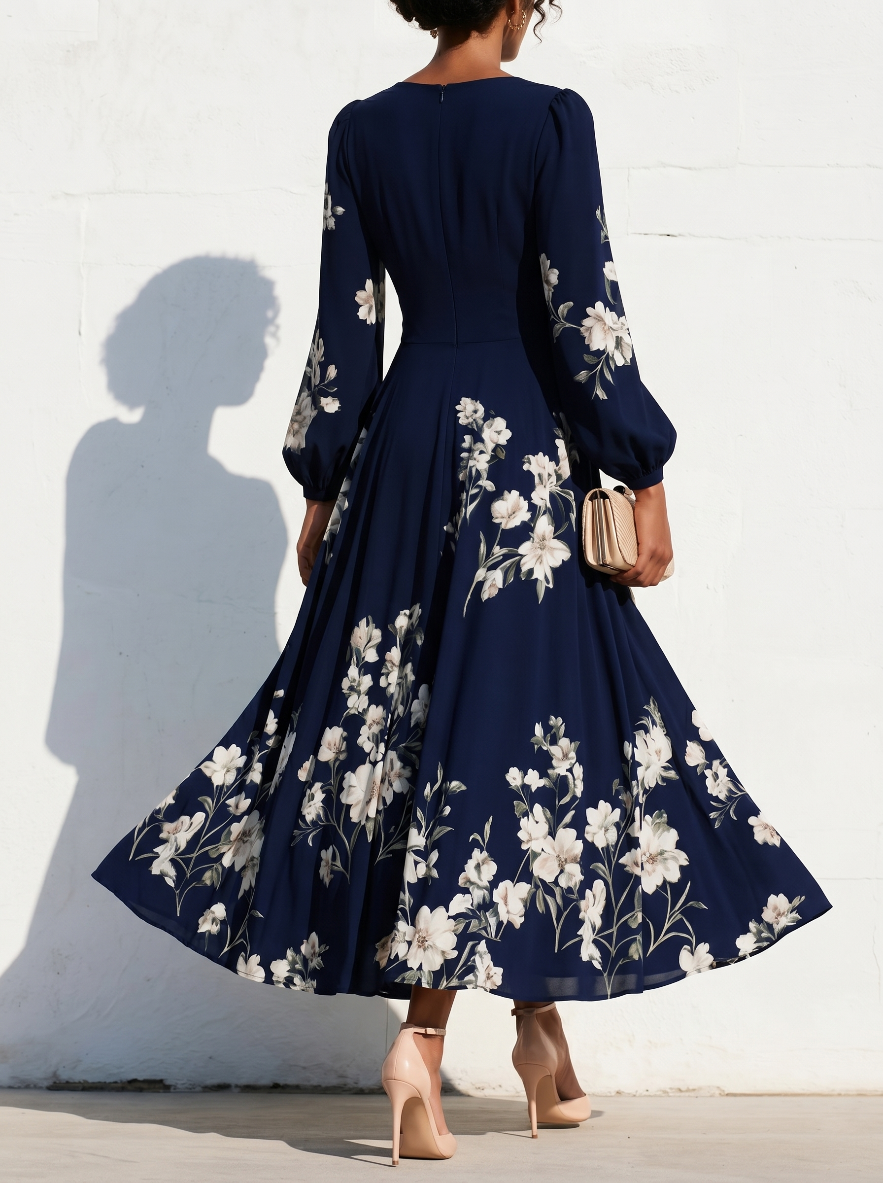 Elegant Floral Print Long-sleeved V-neck Pleated Dress