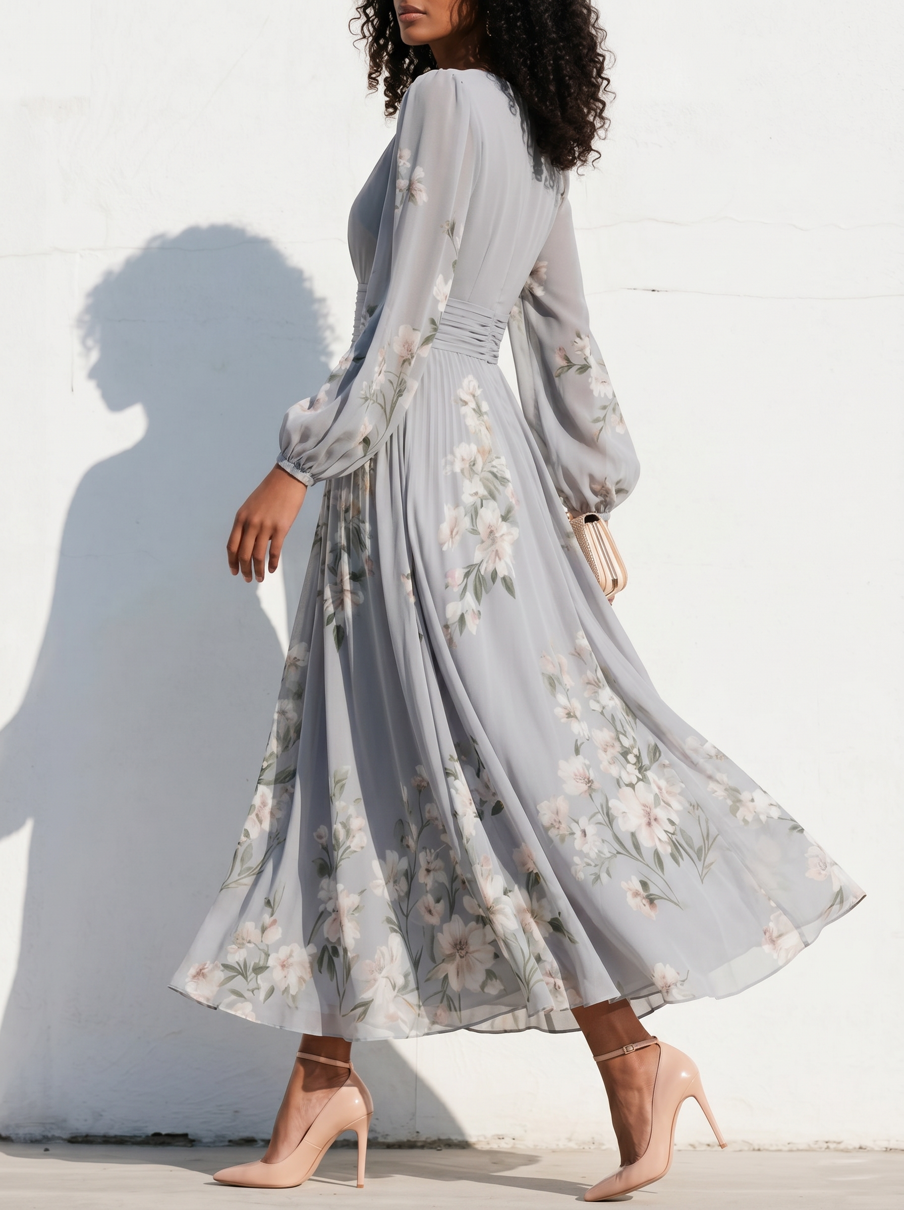 Elegant Floral Print Long-sleeved V-neck Pleated Dress