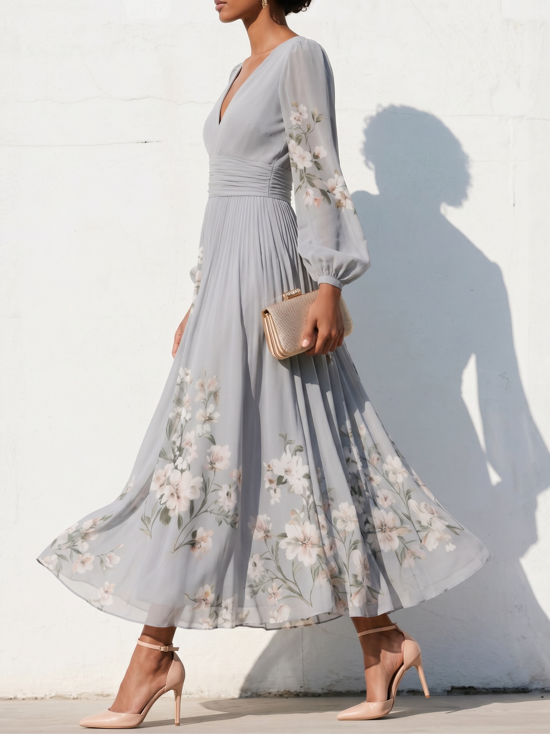 Elegant Floral Print Long-sleeved V-neck Pleated Dress