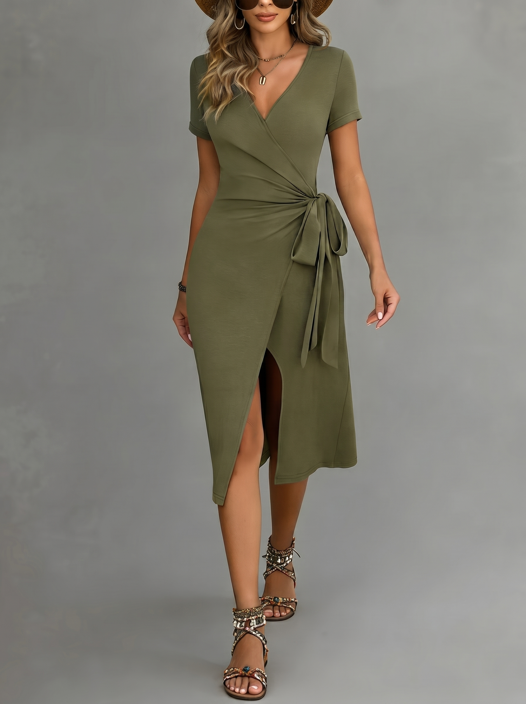 Women's V-neck Design Sense Belt Slim Side Slit Knitted Dress