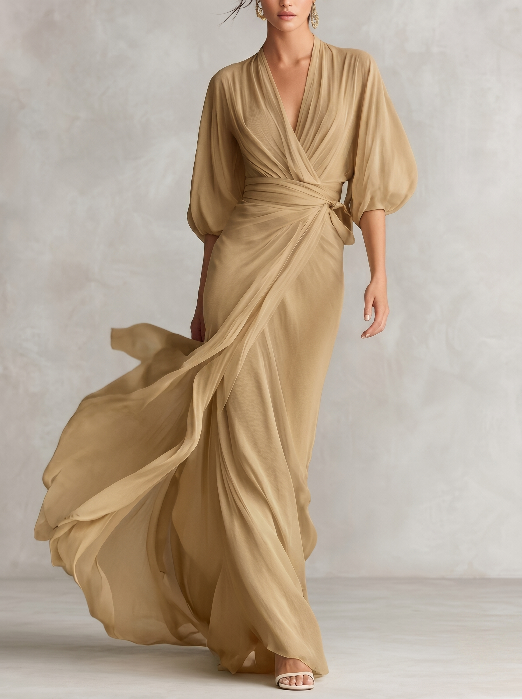 Women's Deep V-neck Raglan Sleeves And Waist Long Dress