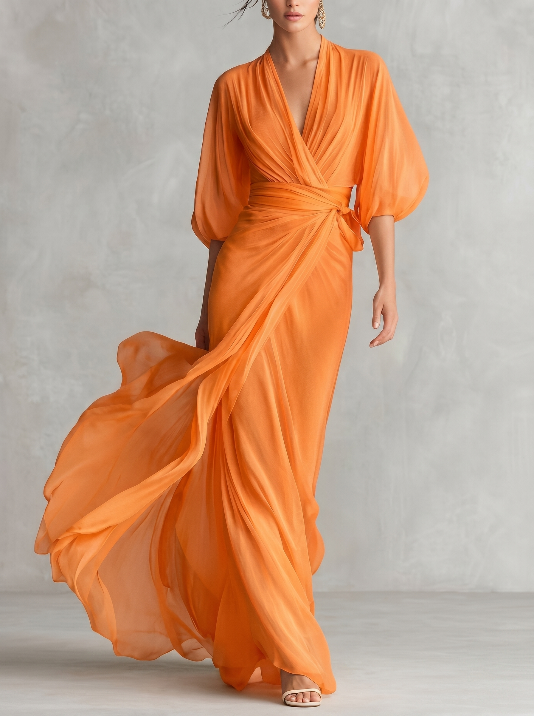 Women's Deep V-neck Raglan Sleeves And Waist Long Dress