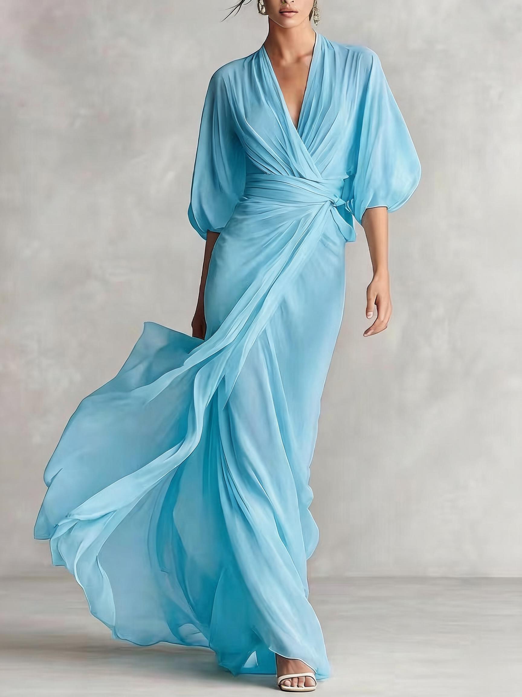 Women's Deep V-neck Raglan Sleeves And Waist Long Dress