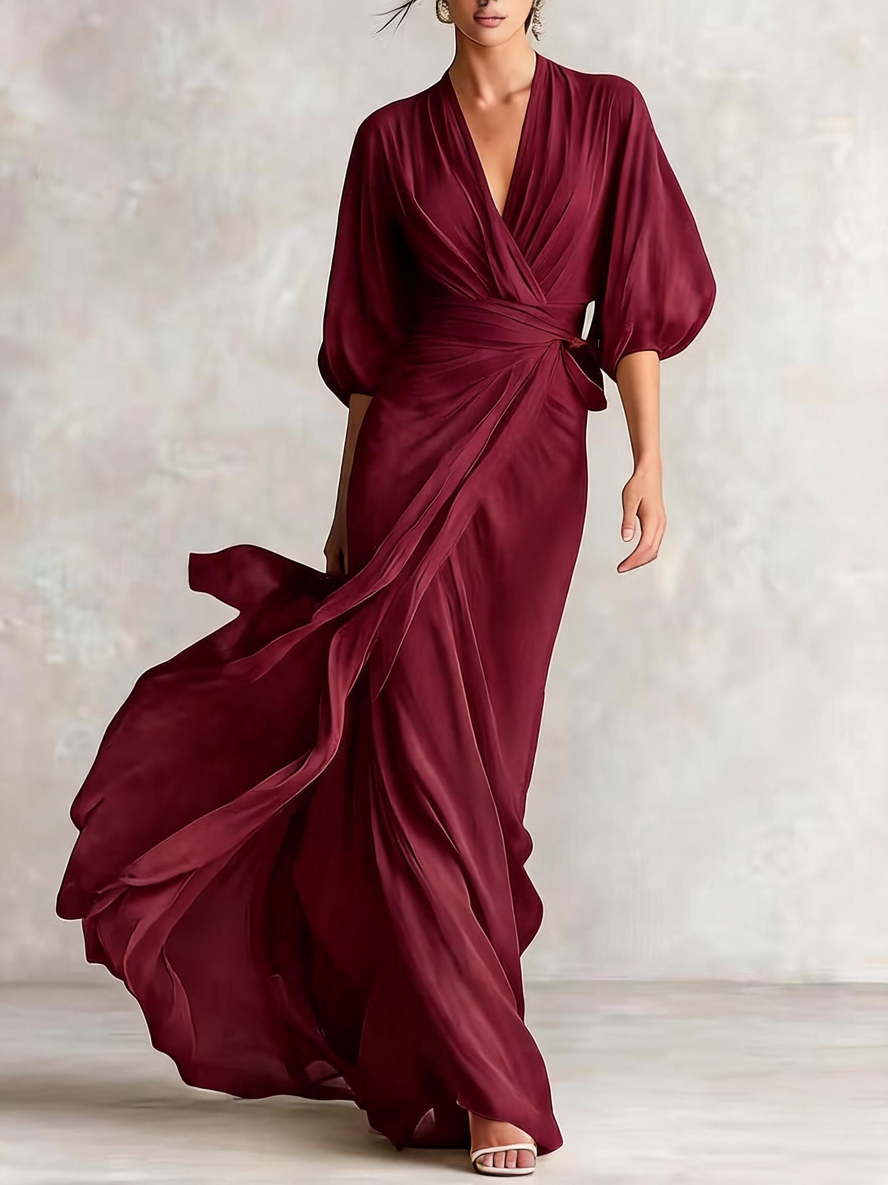 Women's Deep V-neck Raglan Sleeves And Waist Long Dress