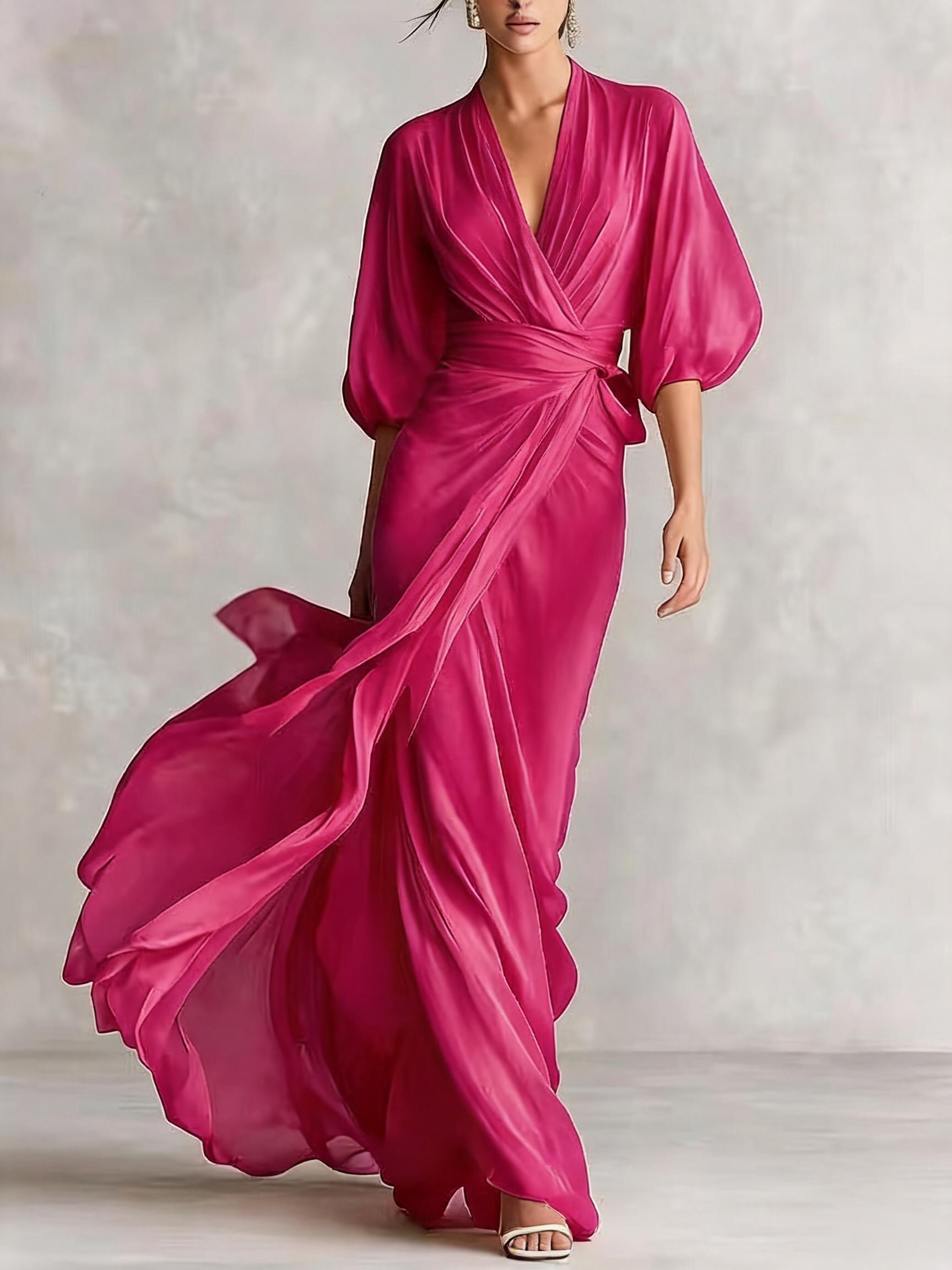 Women's Deep V-neck Raglan Sleeves And Waist Long Dress