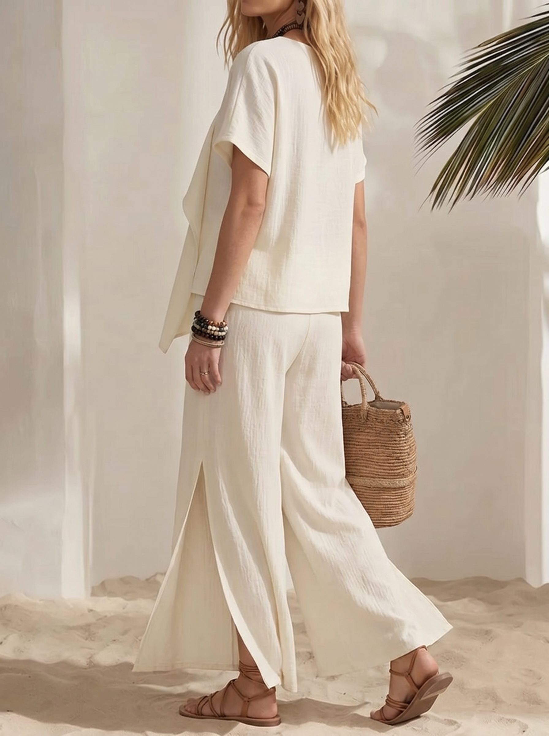 Casual Irregular Tops With Slits And Wide-leg Pantstwo-piece Set