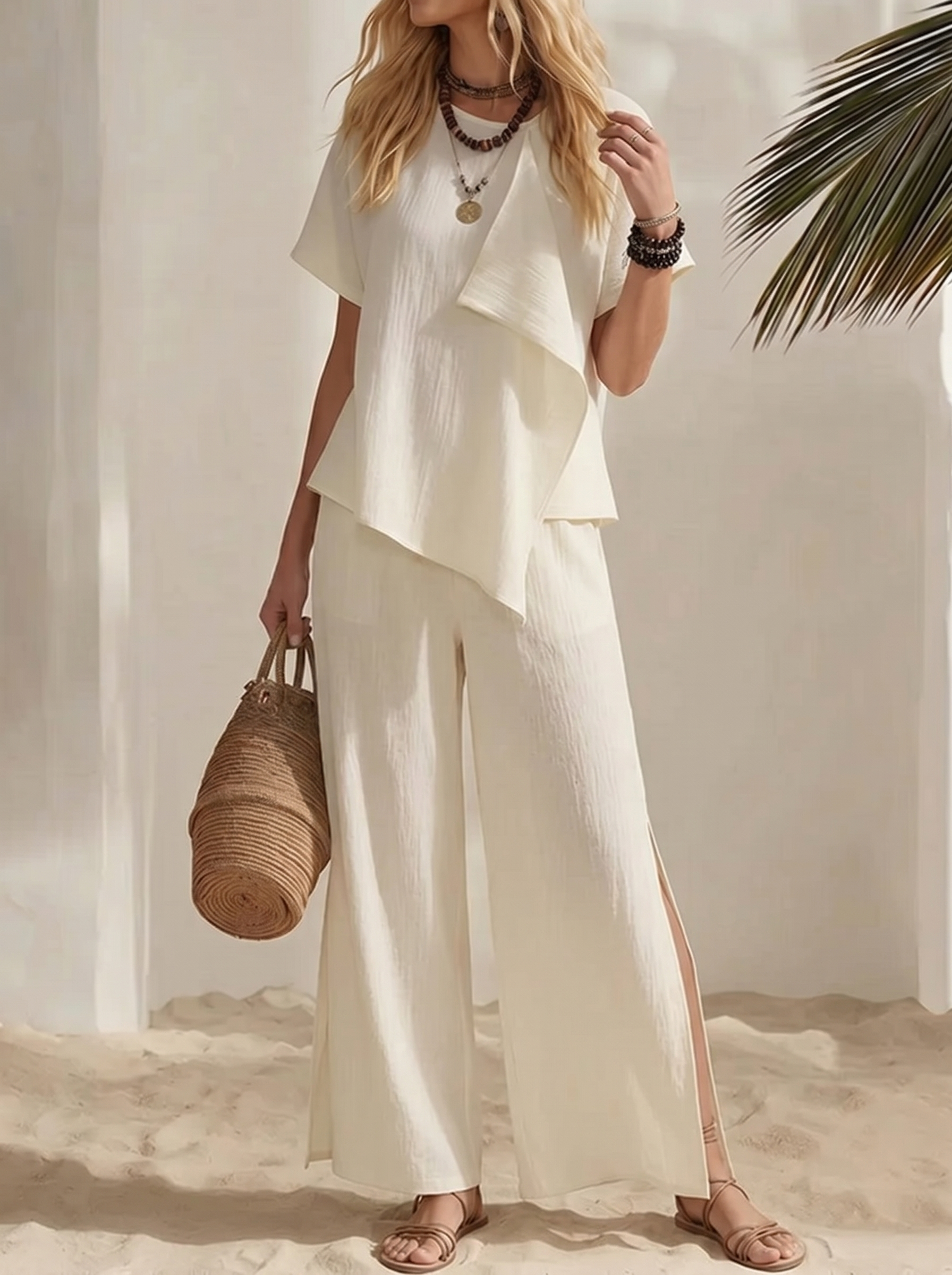 Casual Irregular Tops With Slits And Wide-leg Pantstwo-piece Set