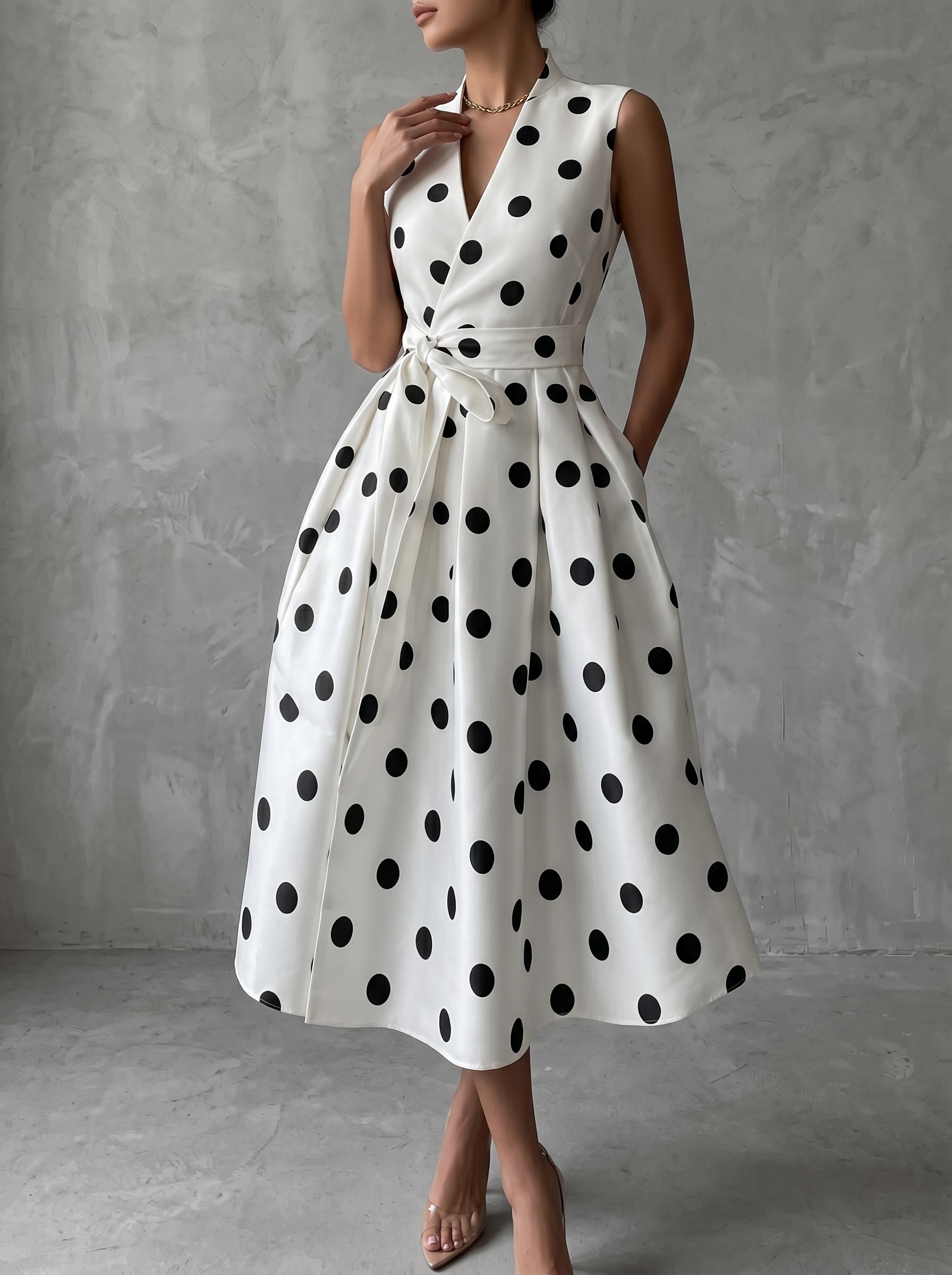 Retro French Lace-up Polka-dot Midi Dress