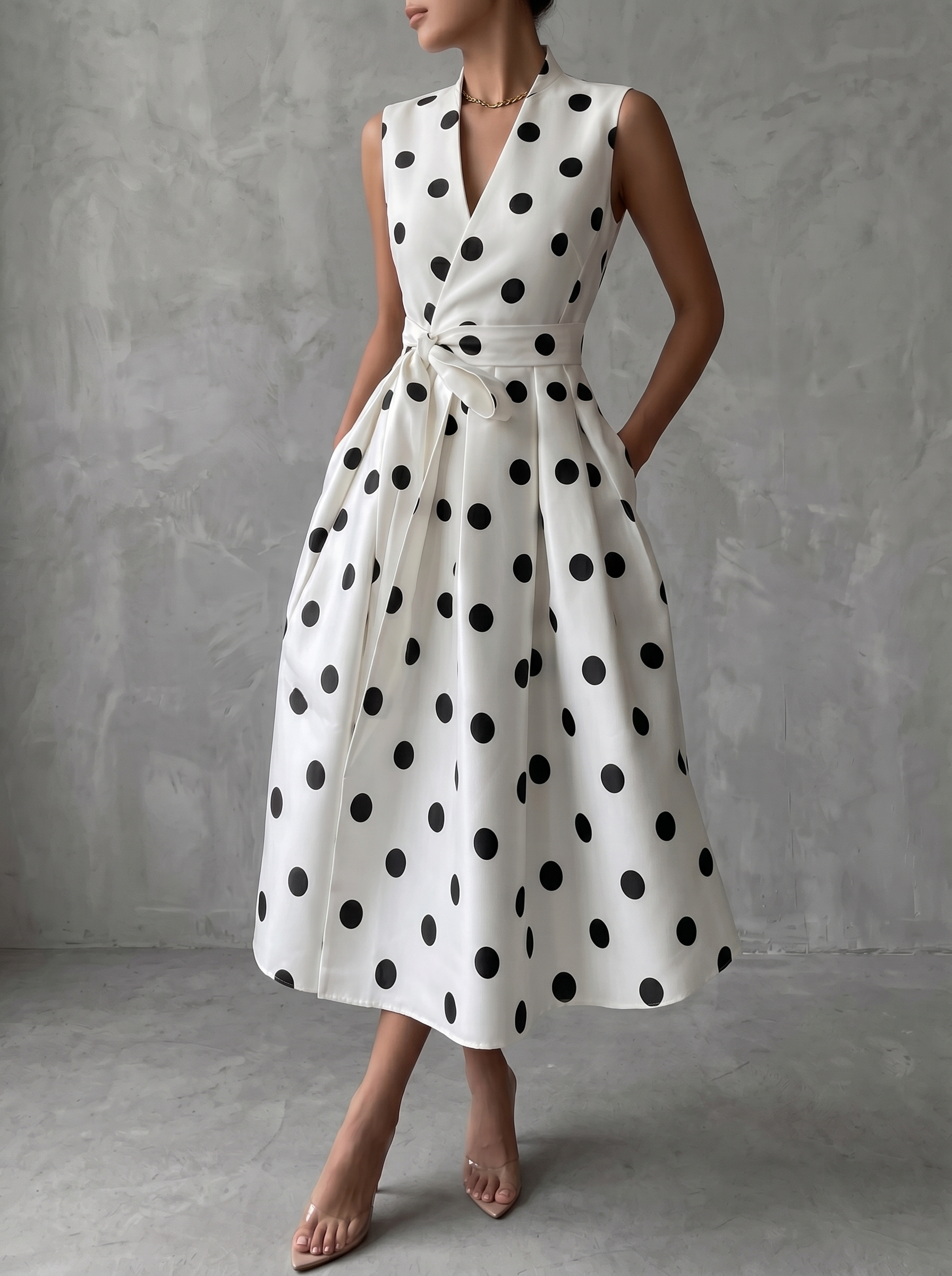 Retro French Lace-up Polka-dot Midi Dress
