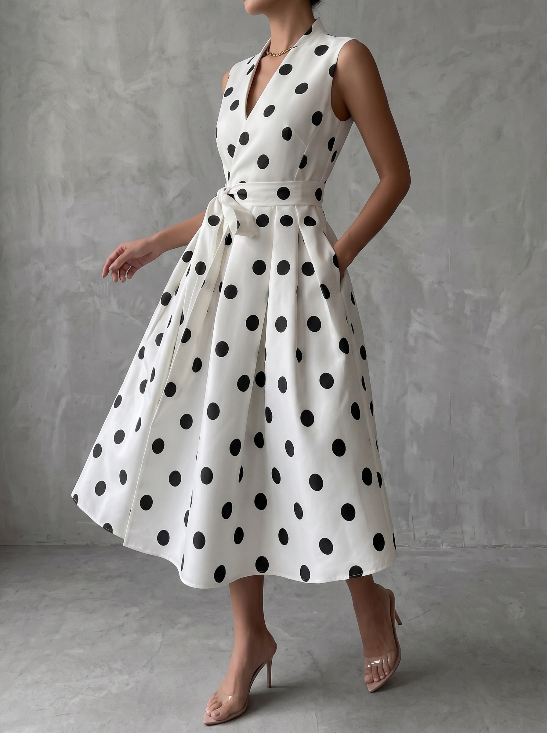 Retro French Lace-up Polka-dot Midi Dress