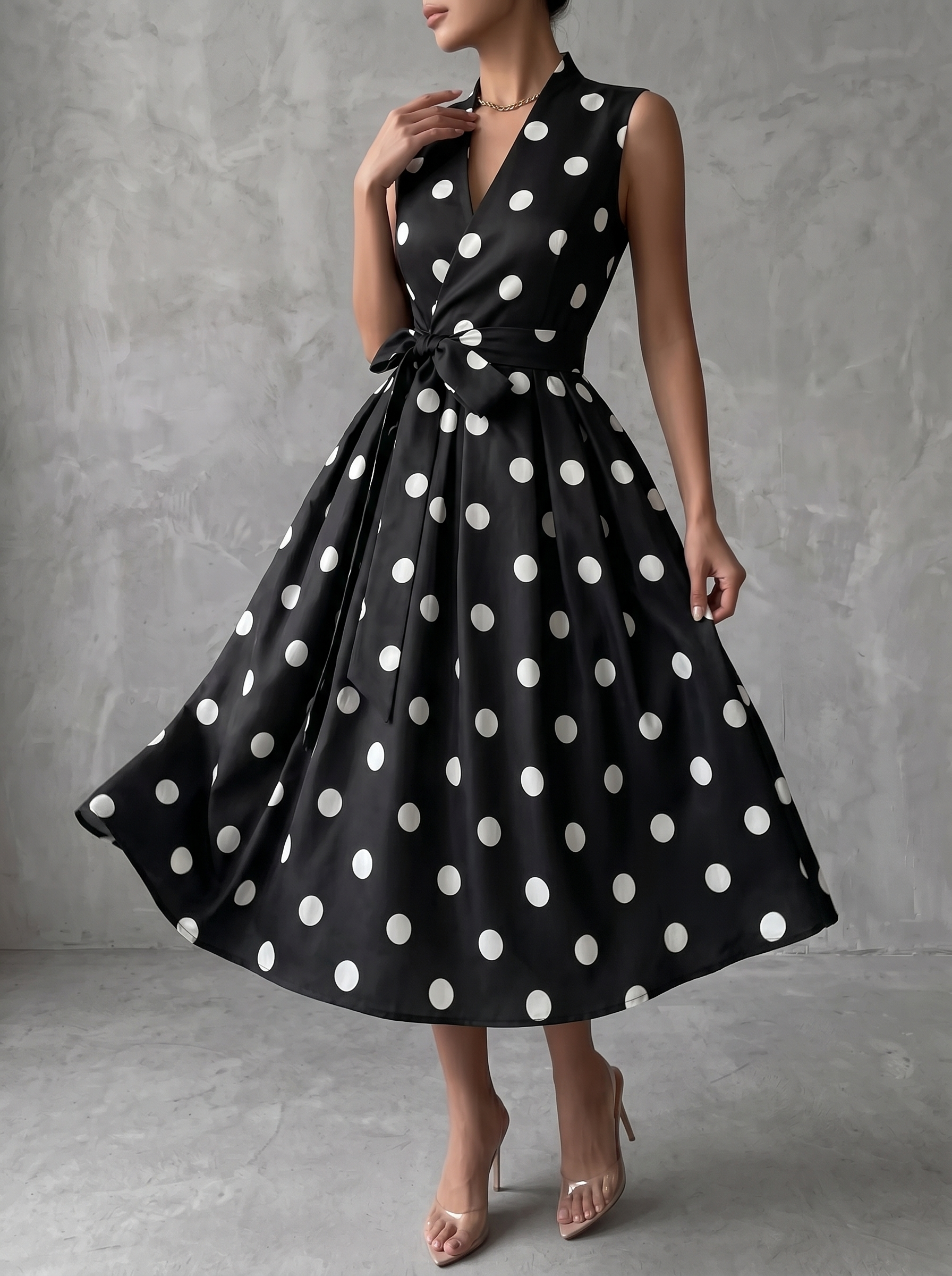 Retro French Lace-up Polka-dot Midi Dress